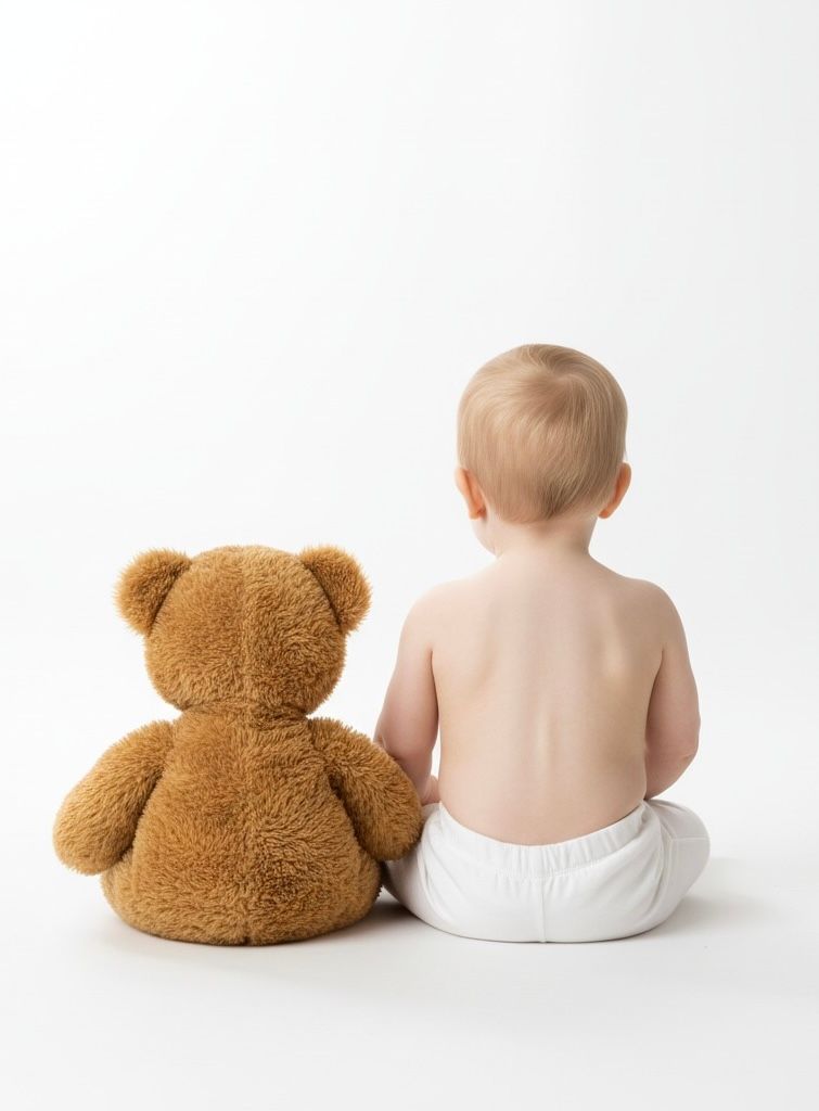 Back view of baby in diaper sitting next to brown teddy bear against white background.