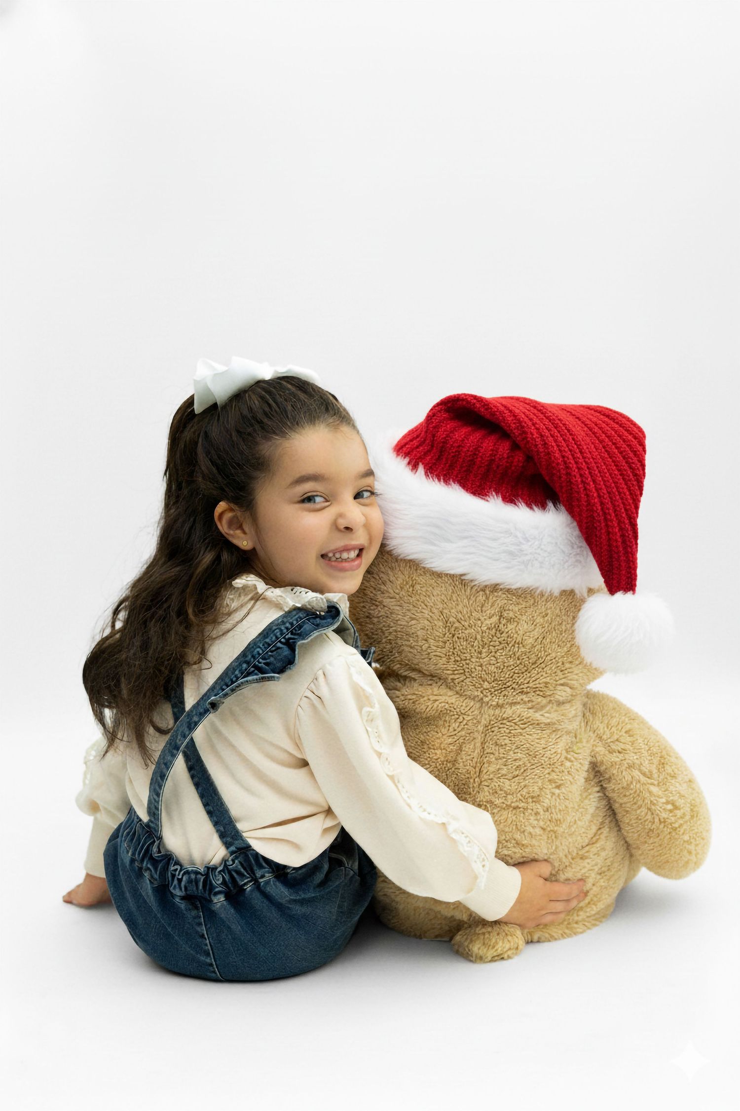 A young child in denim overalls lies on their side next to a large teddy bear wearing a red winter hat.