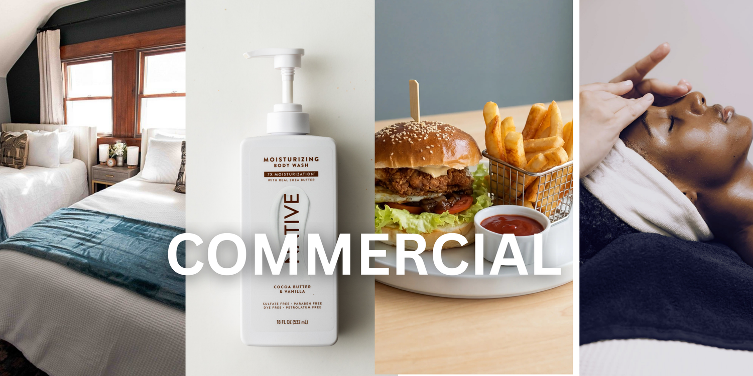 A commercial collage featuring a hotel bedroom, skincare lotion, a gourmet burger with fries, and a man grooming his beard.