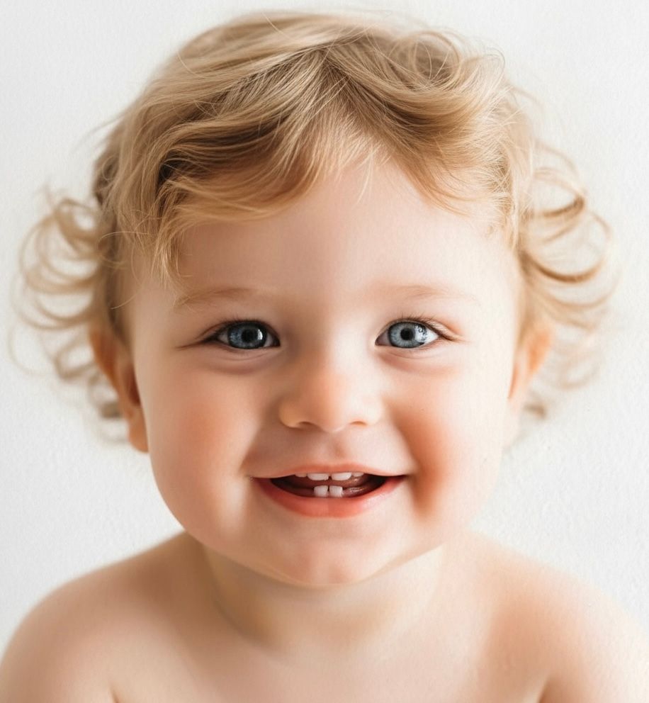 Close up of baby with curly hair smiling against white background.