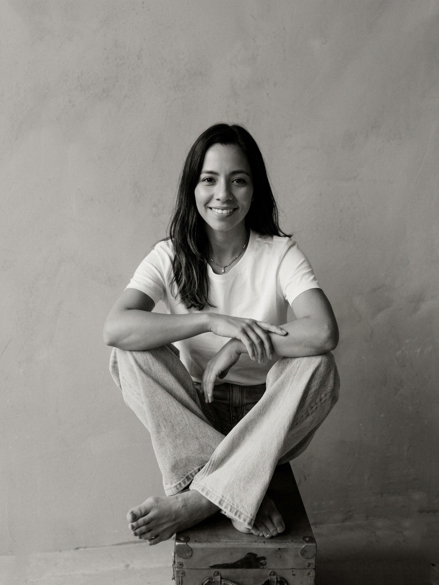 Black and white photo series showing person in casual white top sitting in relaxed poses against textured wall.