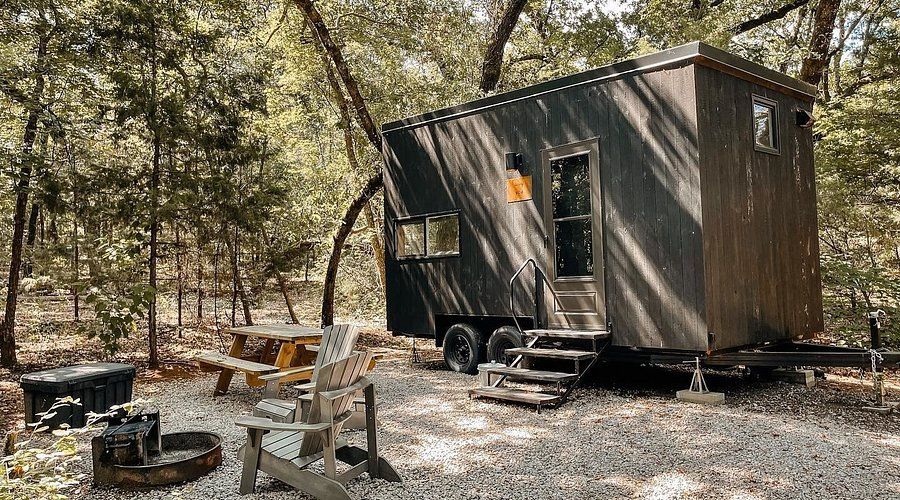 A row of rustic glamping tents nestled among trees at a wilderness campsite in a natural setting.