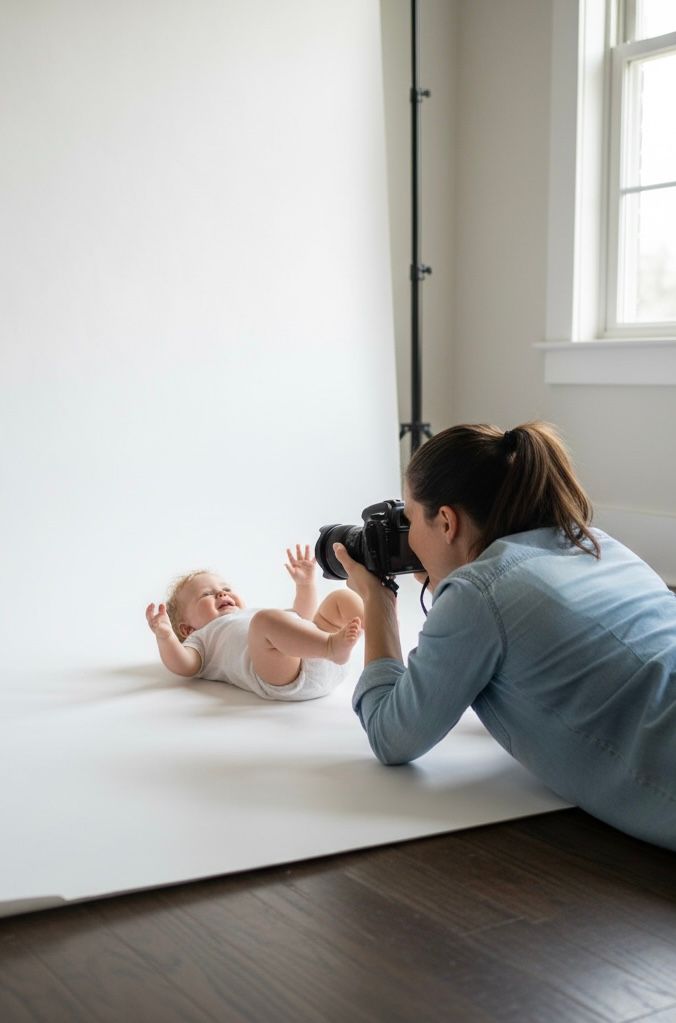 A photographer lies on the floor taking photos of a baby during a studio photoshoot session.
