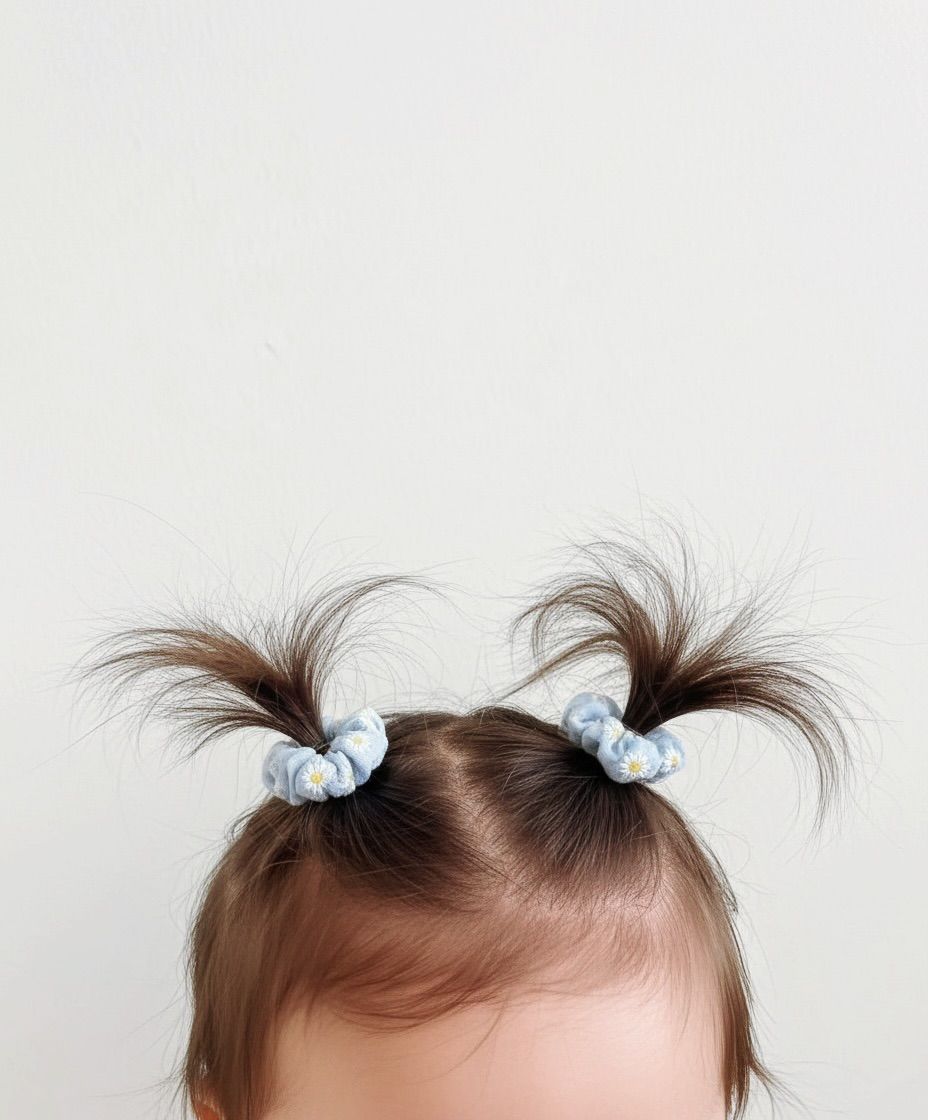 Baby's brown hair styled in spiky pigtails with light blue hair ties against white background.