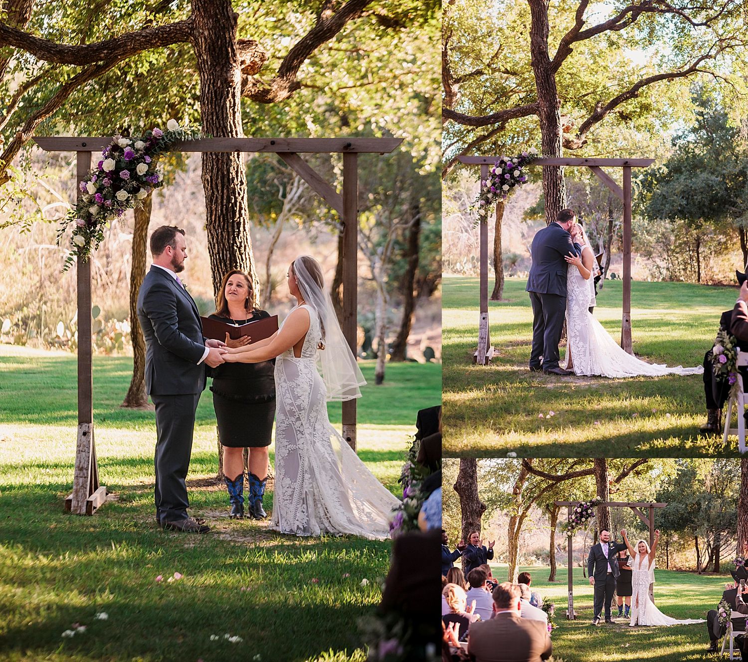 newlyweds share vows in front of exposed wood arch by Claire Malaby Photography