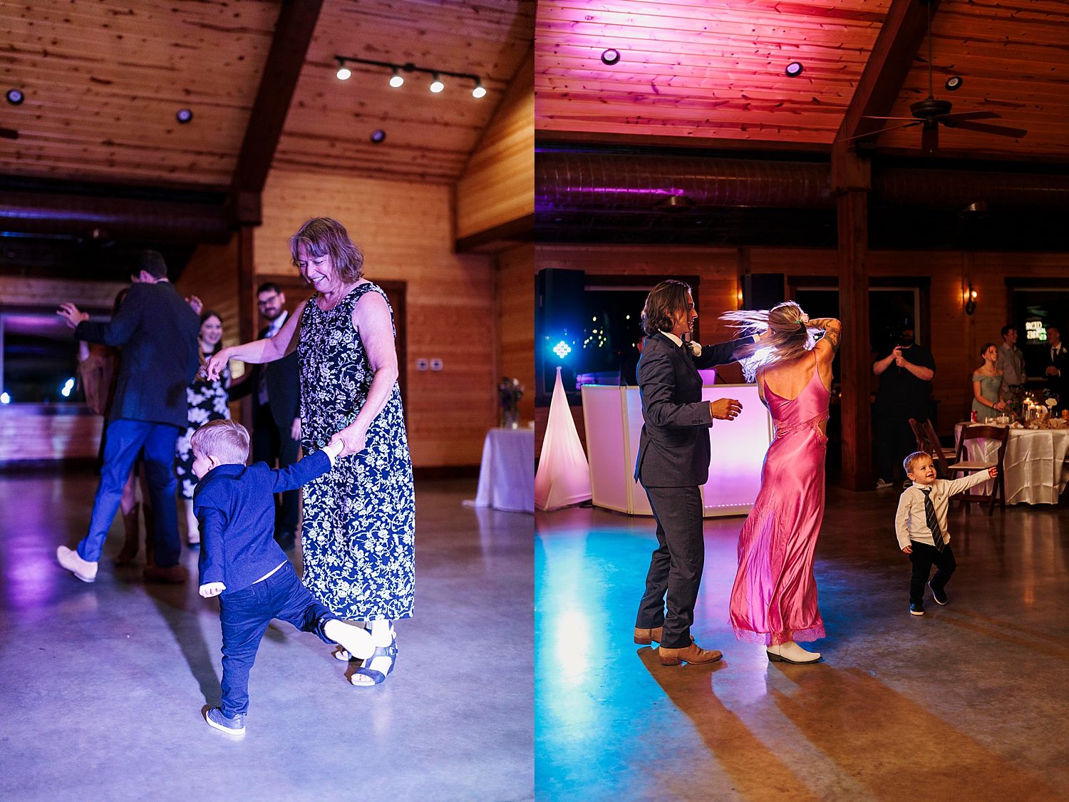 Guests dance under blue lights at reception by Austin wedding photographer