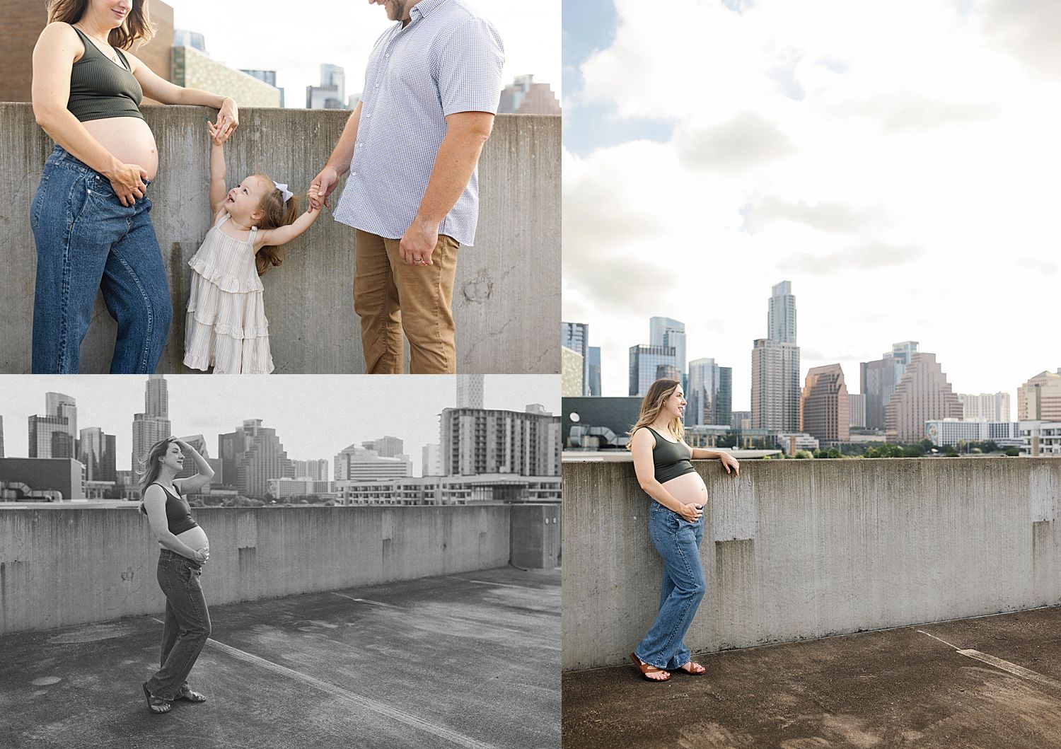 Mom in jeans and tank leans on parking garage roof by Claire Malaby Photo