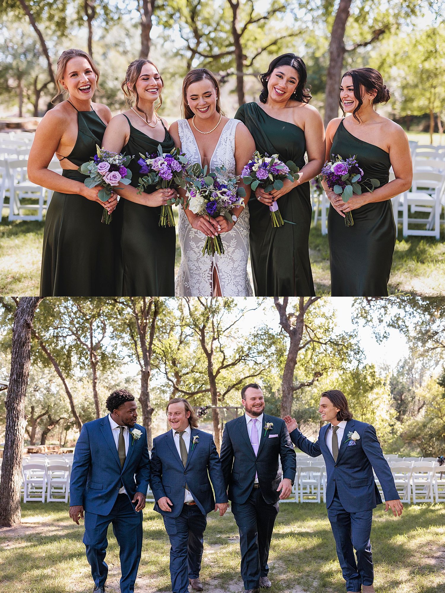 bridesmaids in green surround woman in white by Claire Malaby Photography