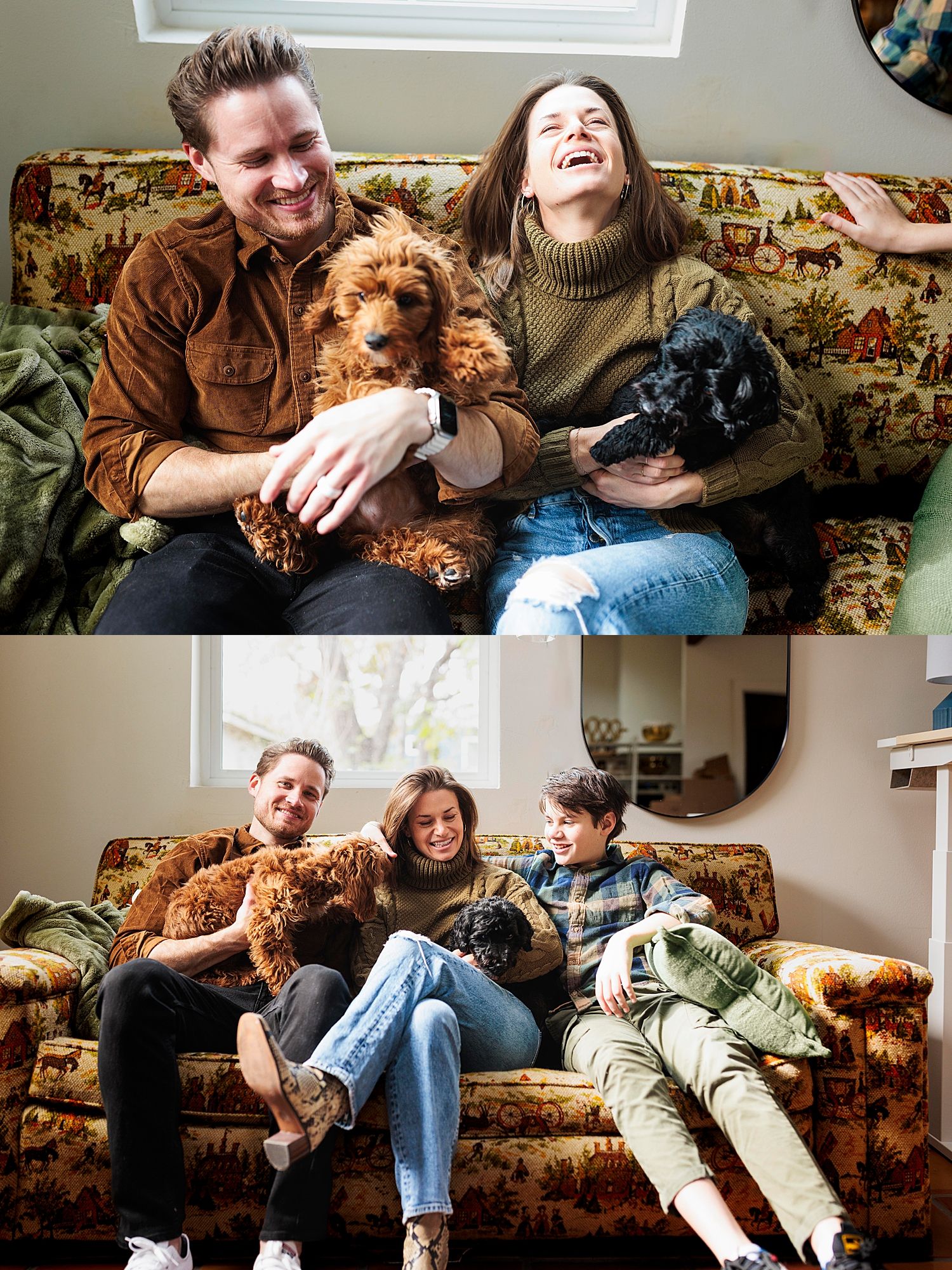 mother throws her head back laughing next to family on couch by Claire Malaby Photography