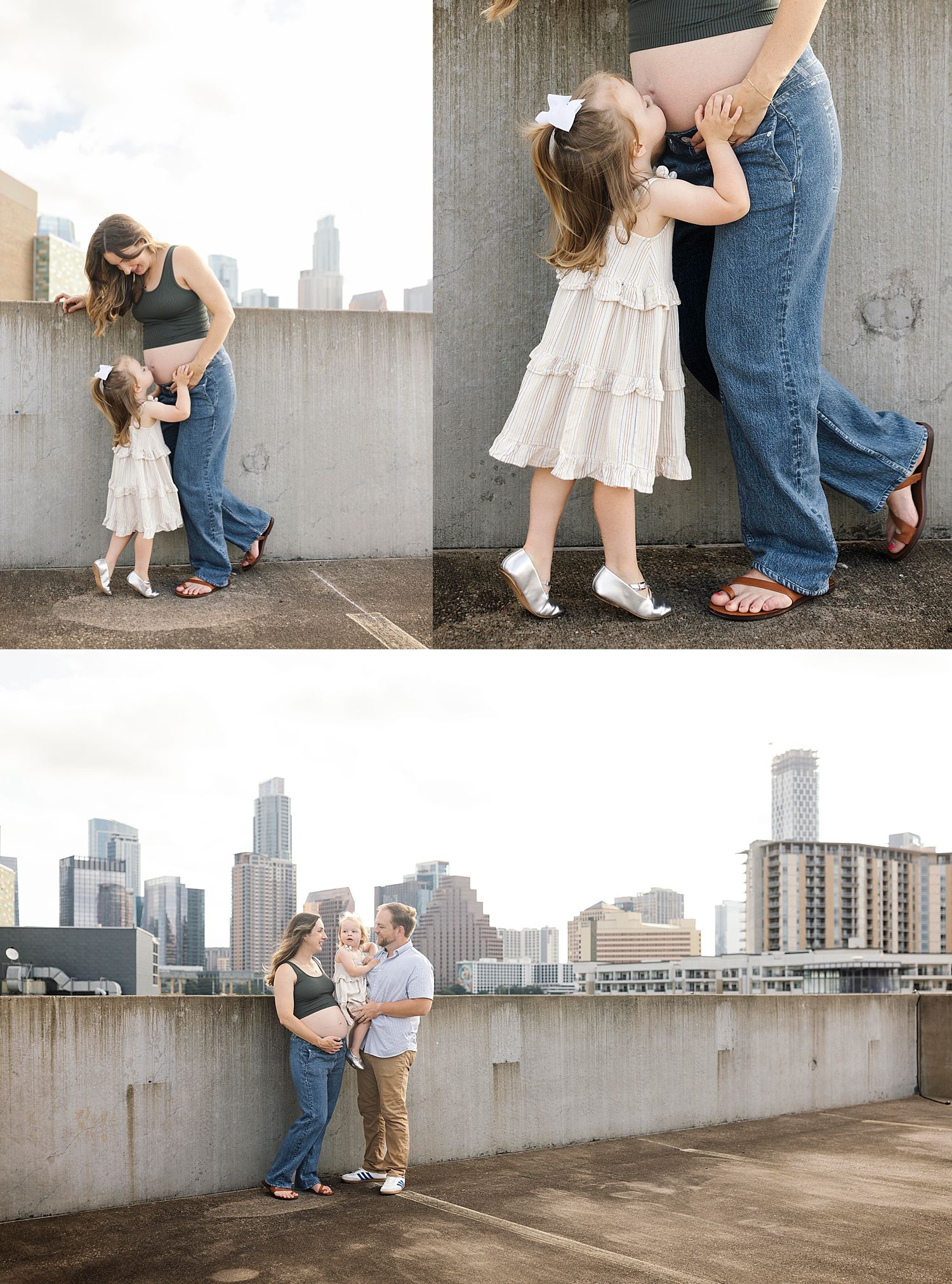 toddler reaches up to kiss bump for rooftop maternity shoot