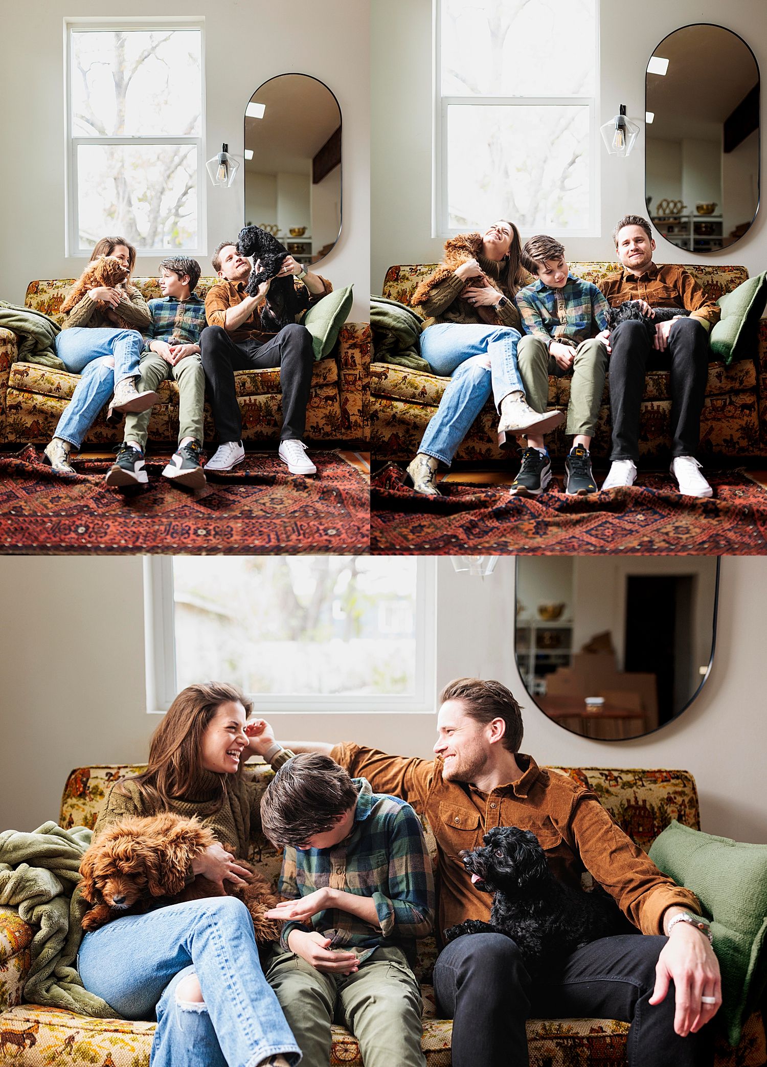 parents snuggle pups and child on couch for lifestyle session in studio