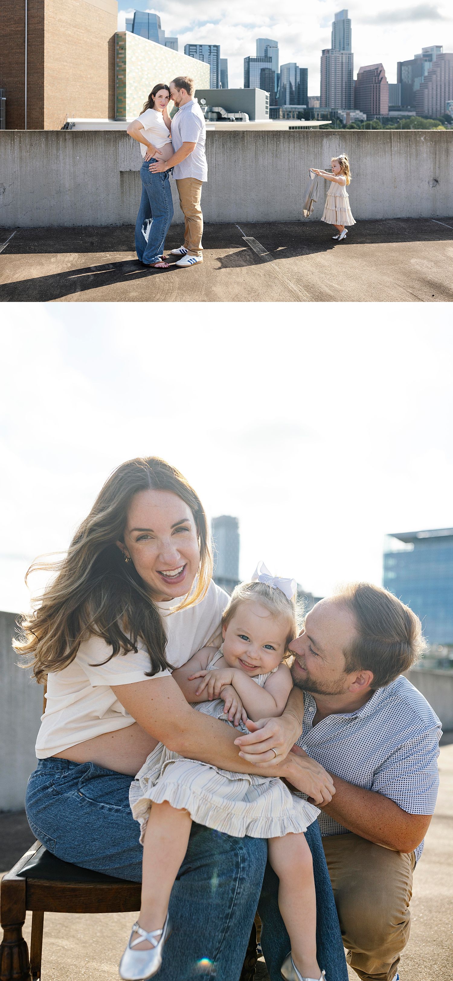 mom and dad laugh while kissing their little one for rooftop maternity shoot
