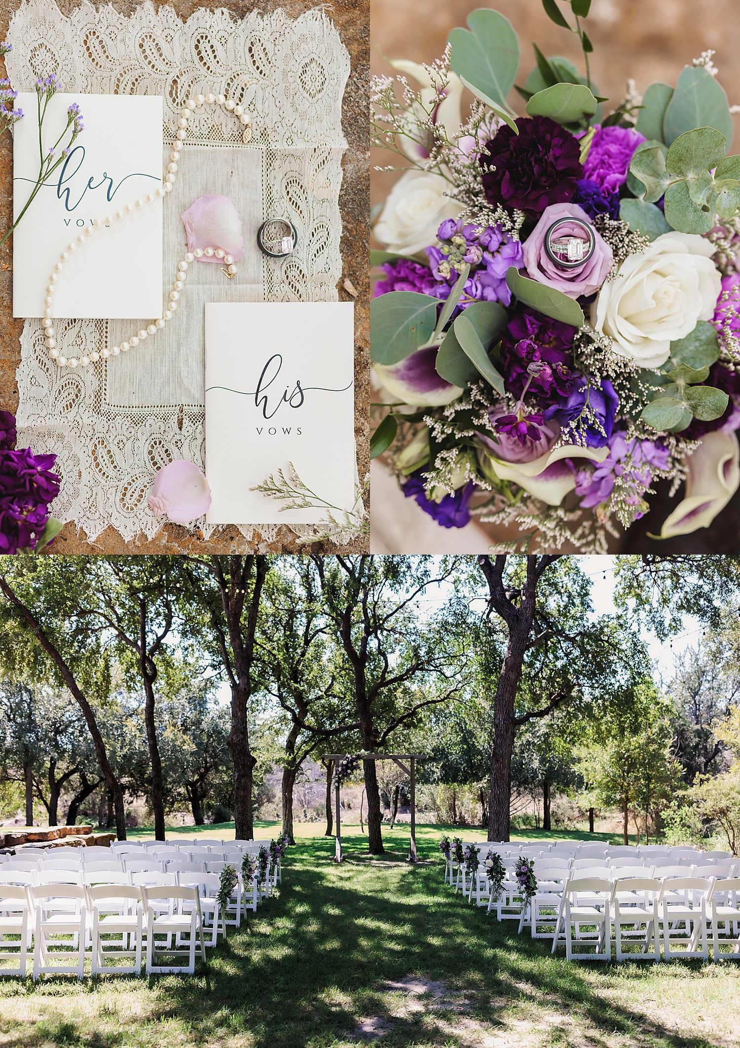purple florals with lace details for big day in the Texas Hill Country