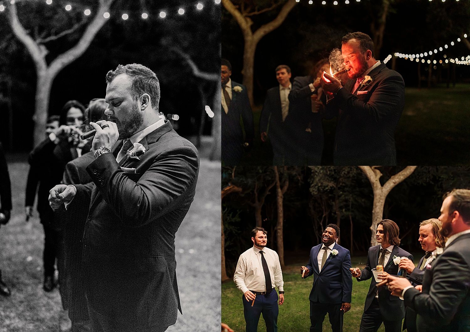 groom and his buddies share a late night cigar by Austin wedding photographer