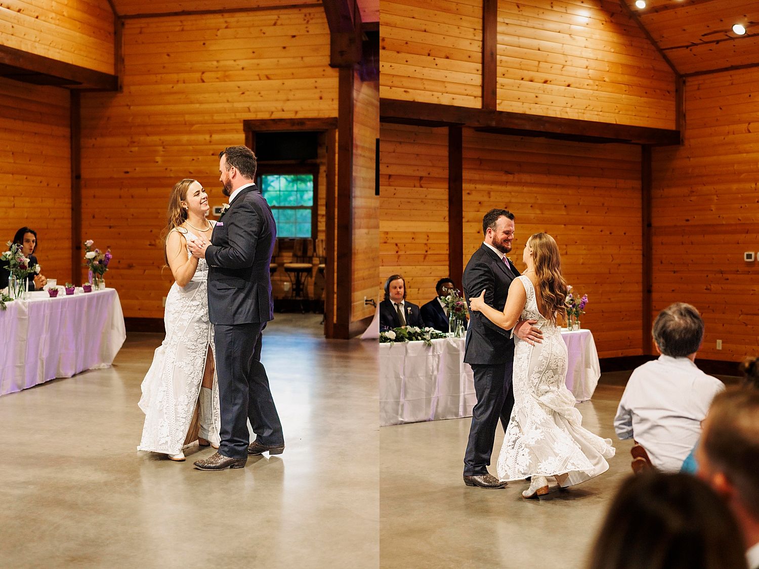 newlyweds share a first dance in large wood decorated hall by Austin wedding photographer