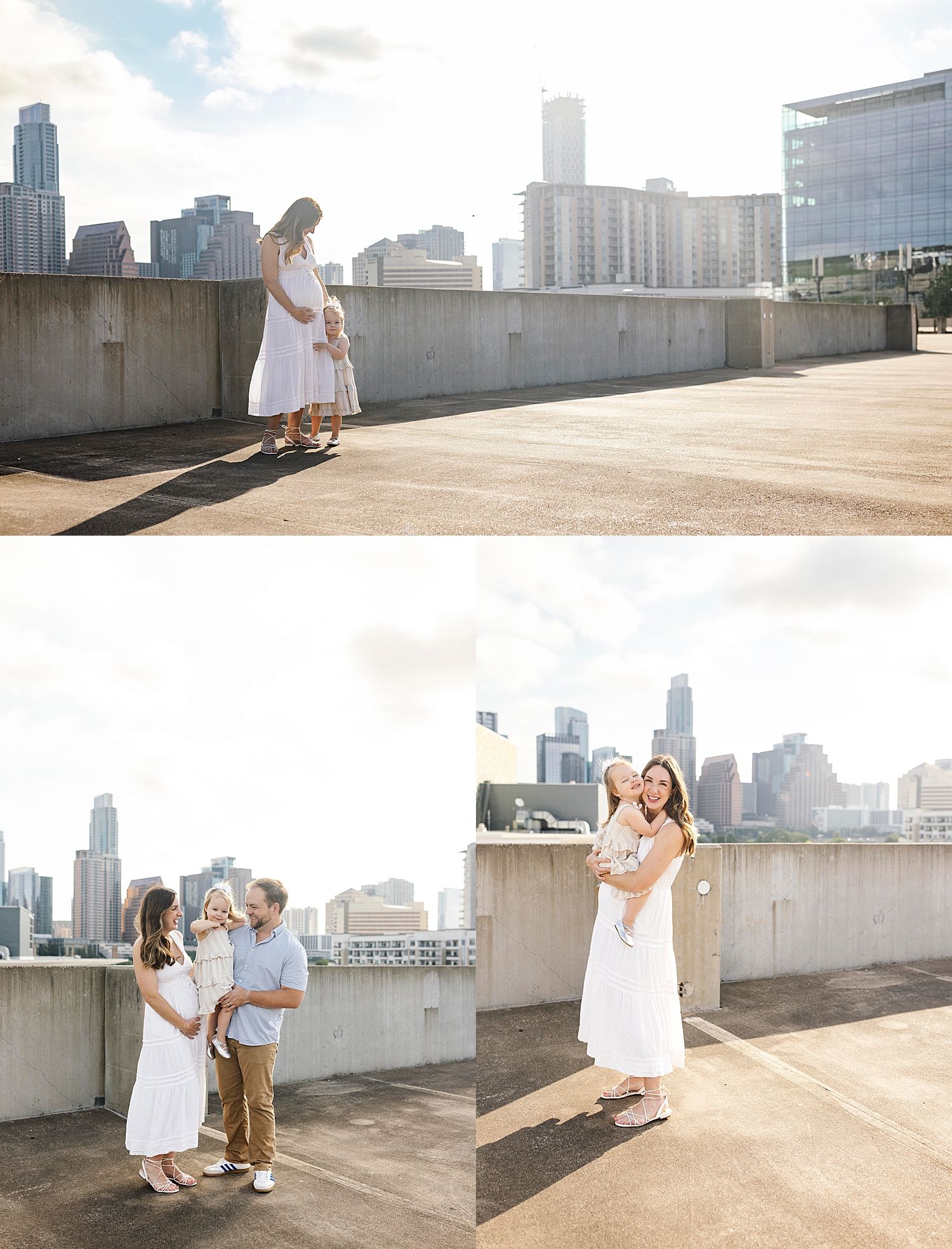 woman holds her baby on her bump for rooftop maternity shoot