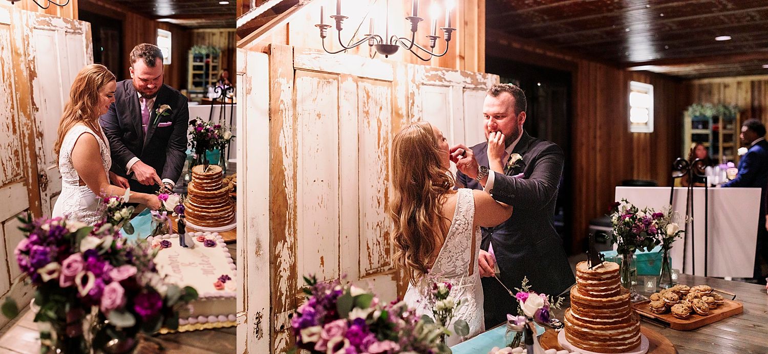 husband and wife feed each other cake at a reception by Austin wedding photographer