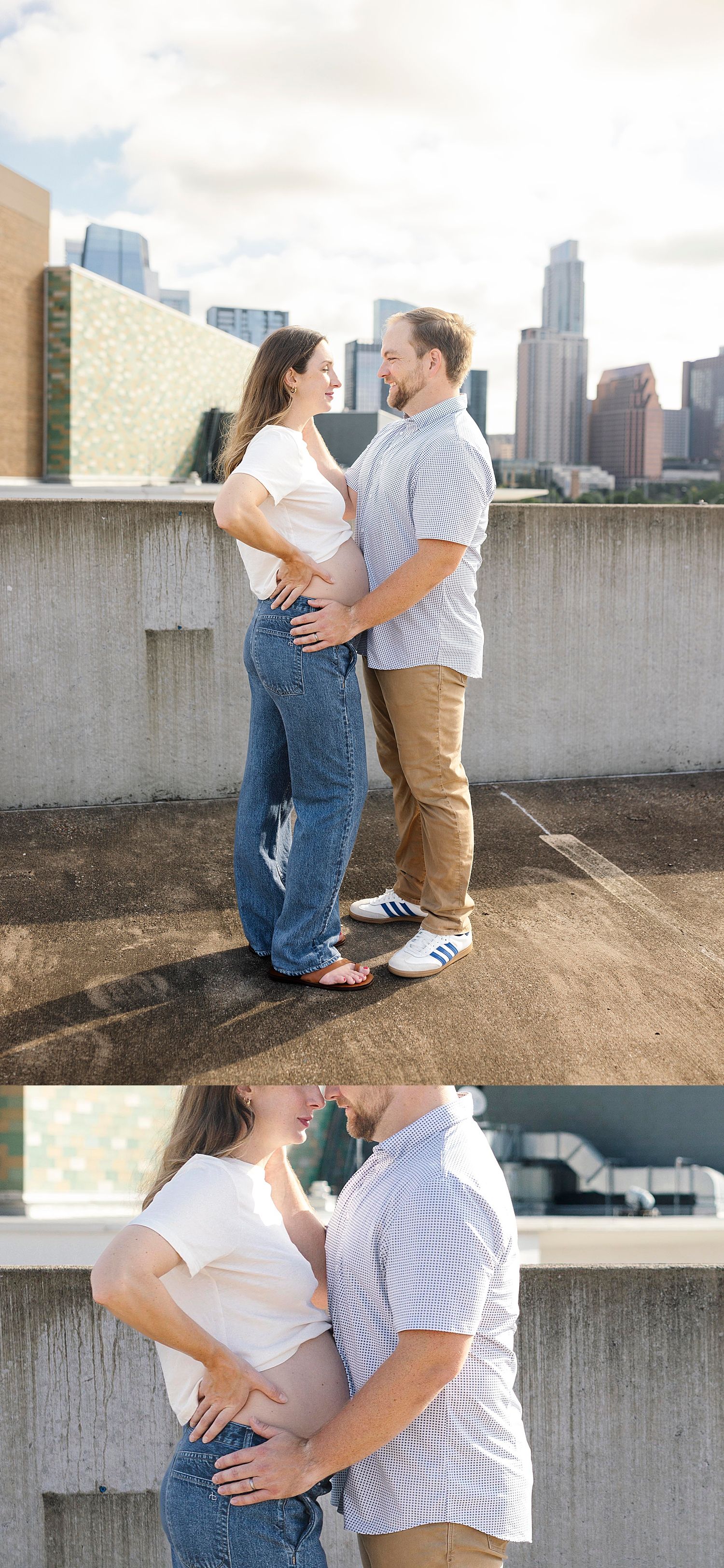 husband and wife embrace on roof by Claire Malaby Photo