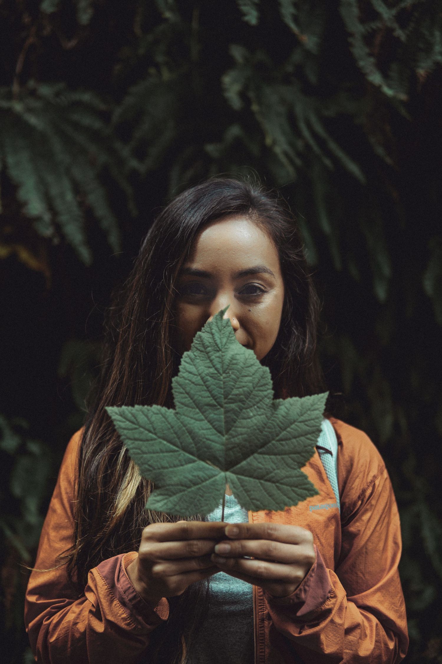 Moody adventure portrait of a woman holding a large green leaf in a forest, capturing minimal aesthetic and nature-focused exploration.