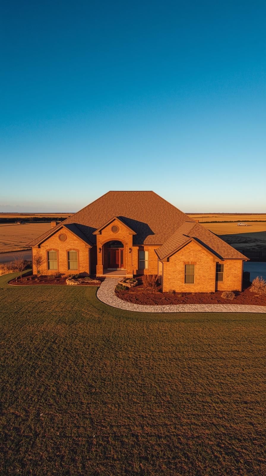 Panoramic drone shot of brick homes in warm sunset light against an empty field.