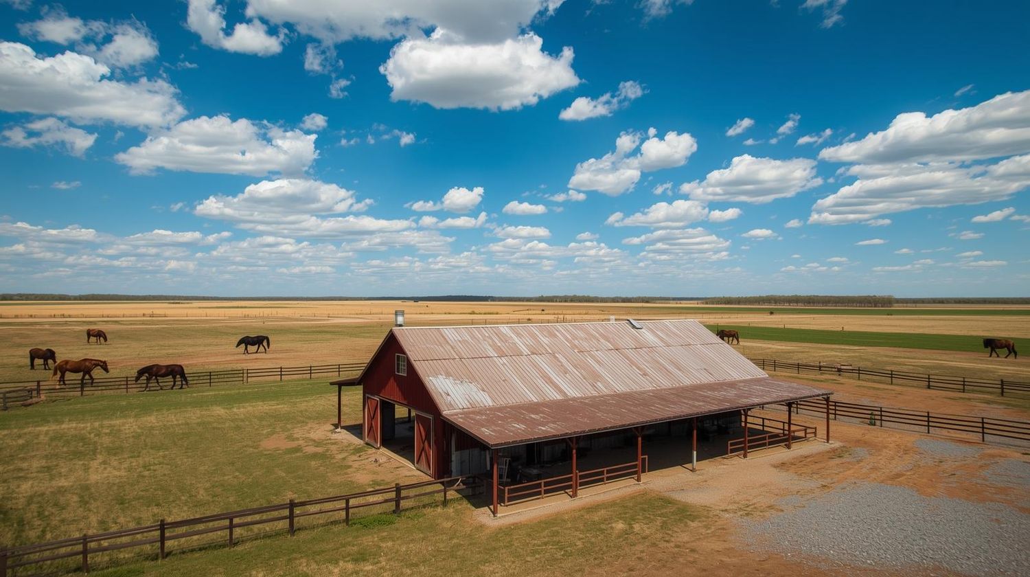 Wide panoramic landscape of rural farm buildings and grazing cattle under blue skies with white clouds.
