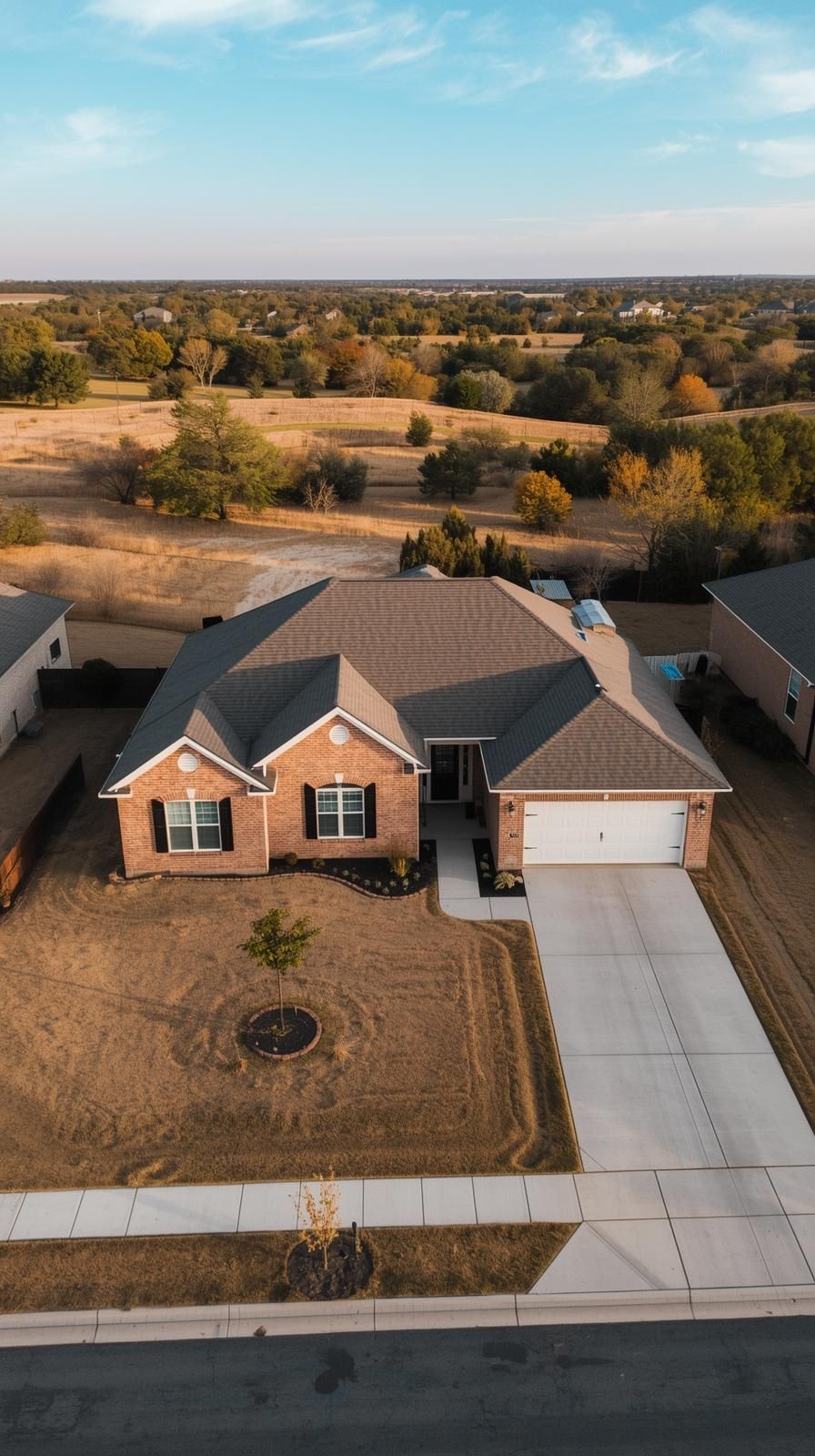 Aerial view of suburban houses with driveways and landscaped yards at dusk.