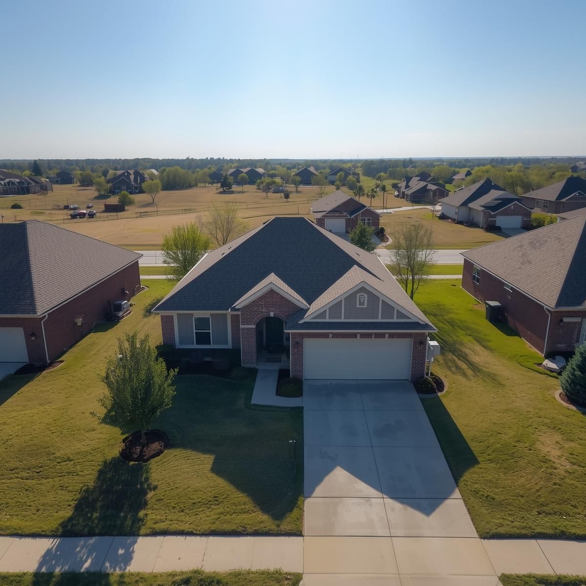 Drone view of modern suburban homes with attached garages and well-maintained lawns.