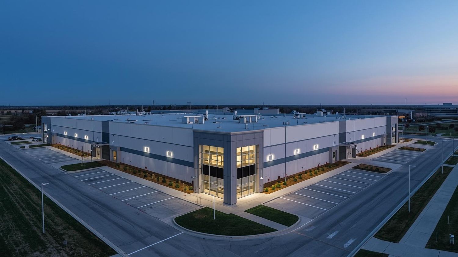 Panoramic aerial view of industrial warehouse complex at twilight with illuminated exterior lights.