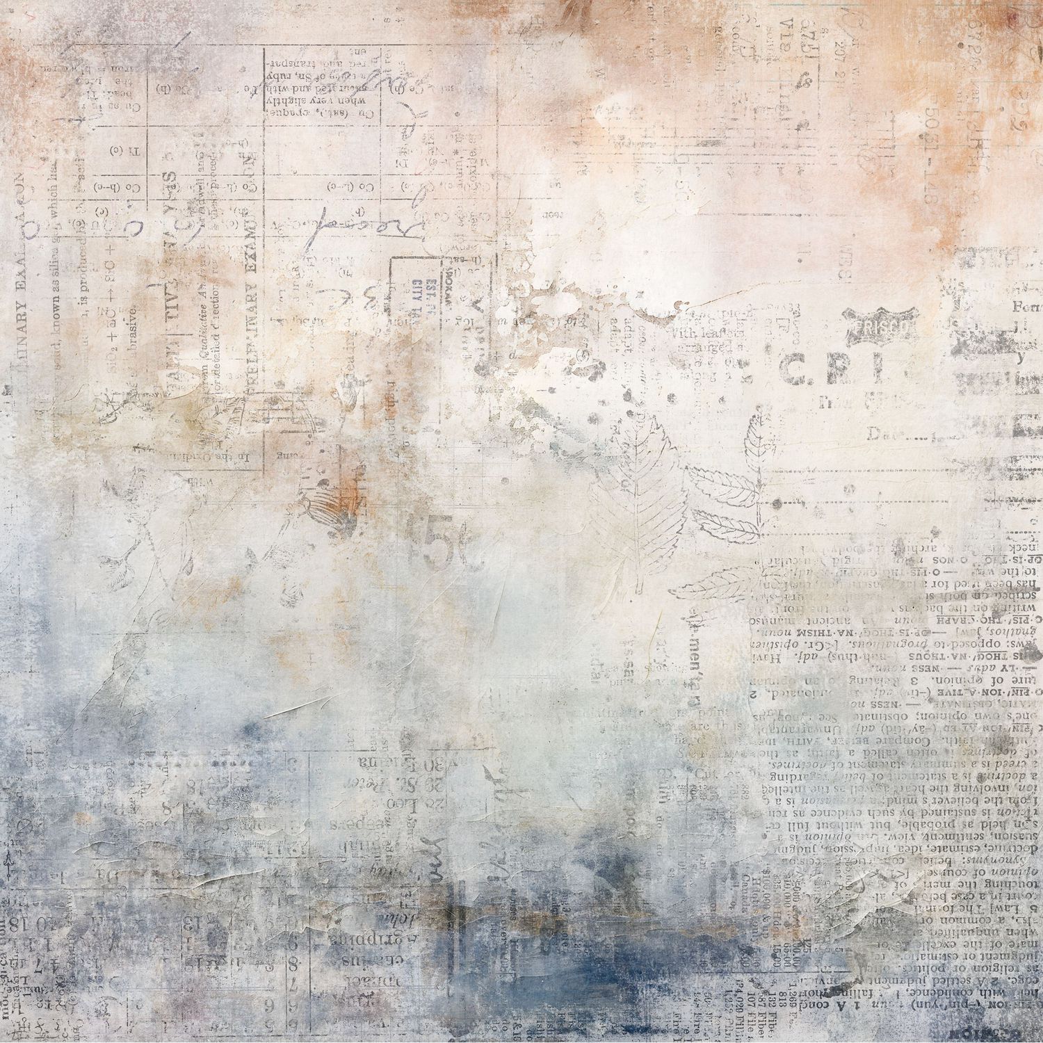 Vintage distressed paper texture with faded newsprint, soft blue and beige tones, aged ephemera collage background.