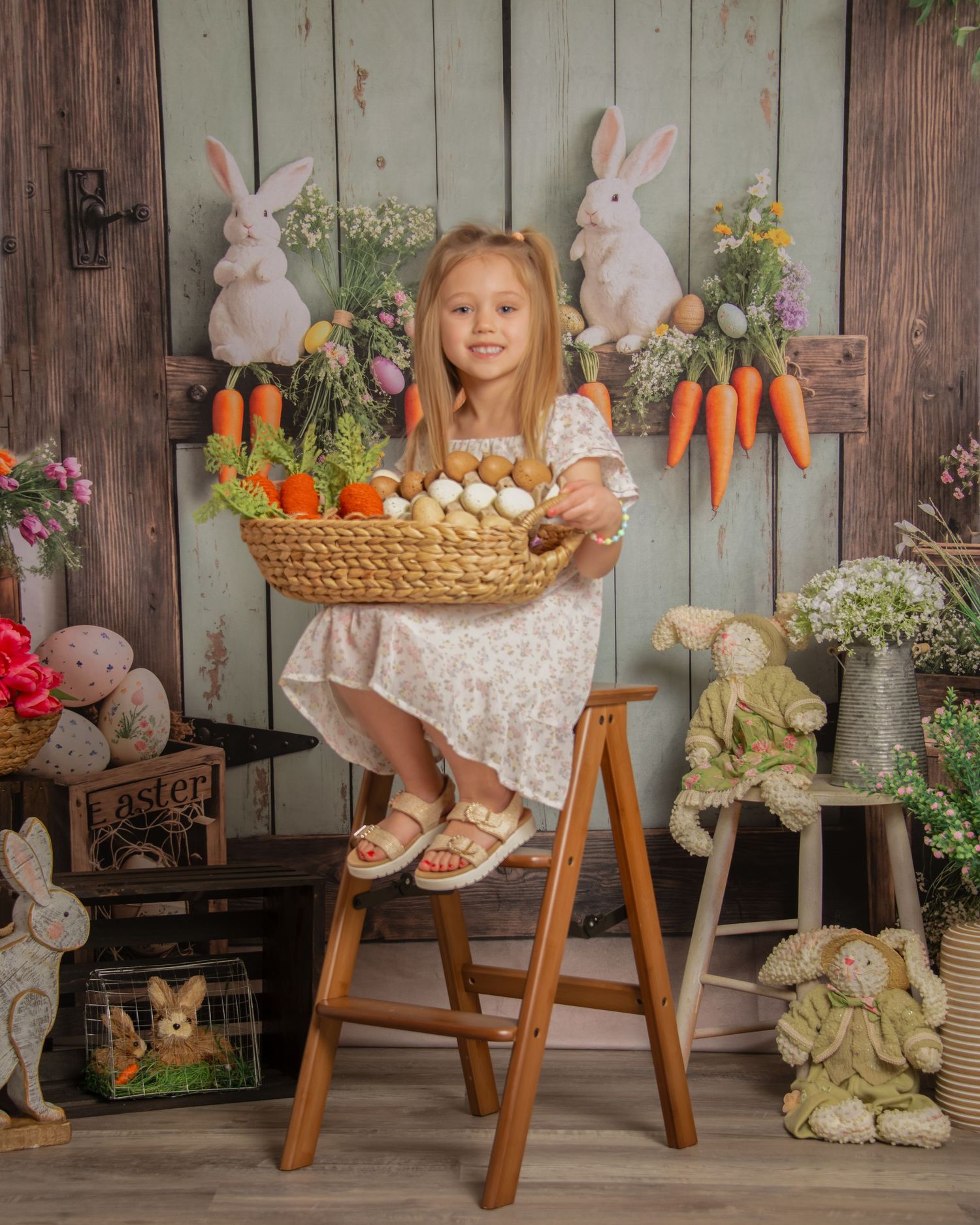Easter themed photo setup with rustic wooden backdrop, plush bunnies, decorative carrots, and vintage chair arrangements.