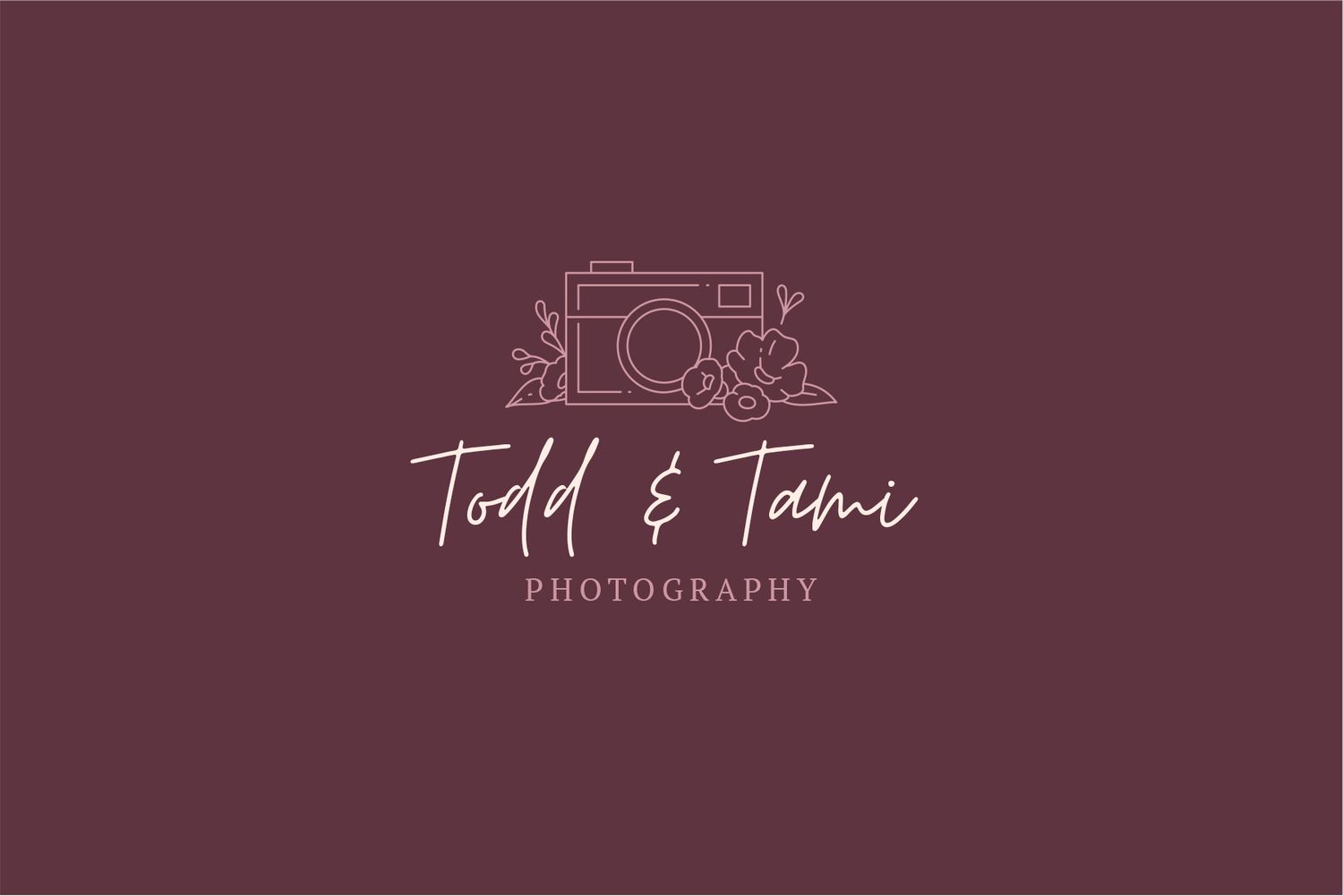 A minimalist photography logo design with a camera illustration and text 'Todd & Tami Photography' on burgundy background.