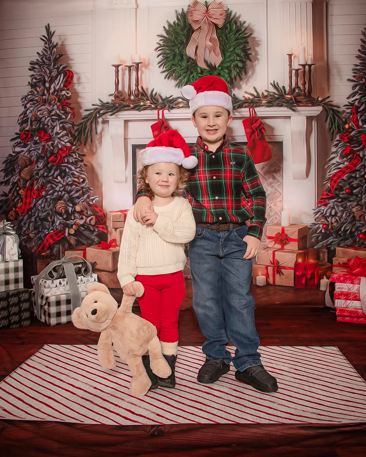 A festive Christmas photo session with a decorated tree, presents, and plaid decor in a rustic setting.