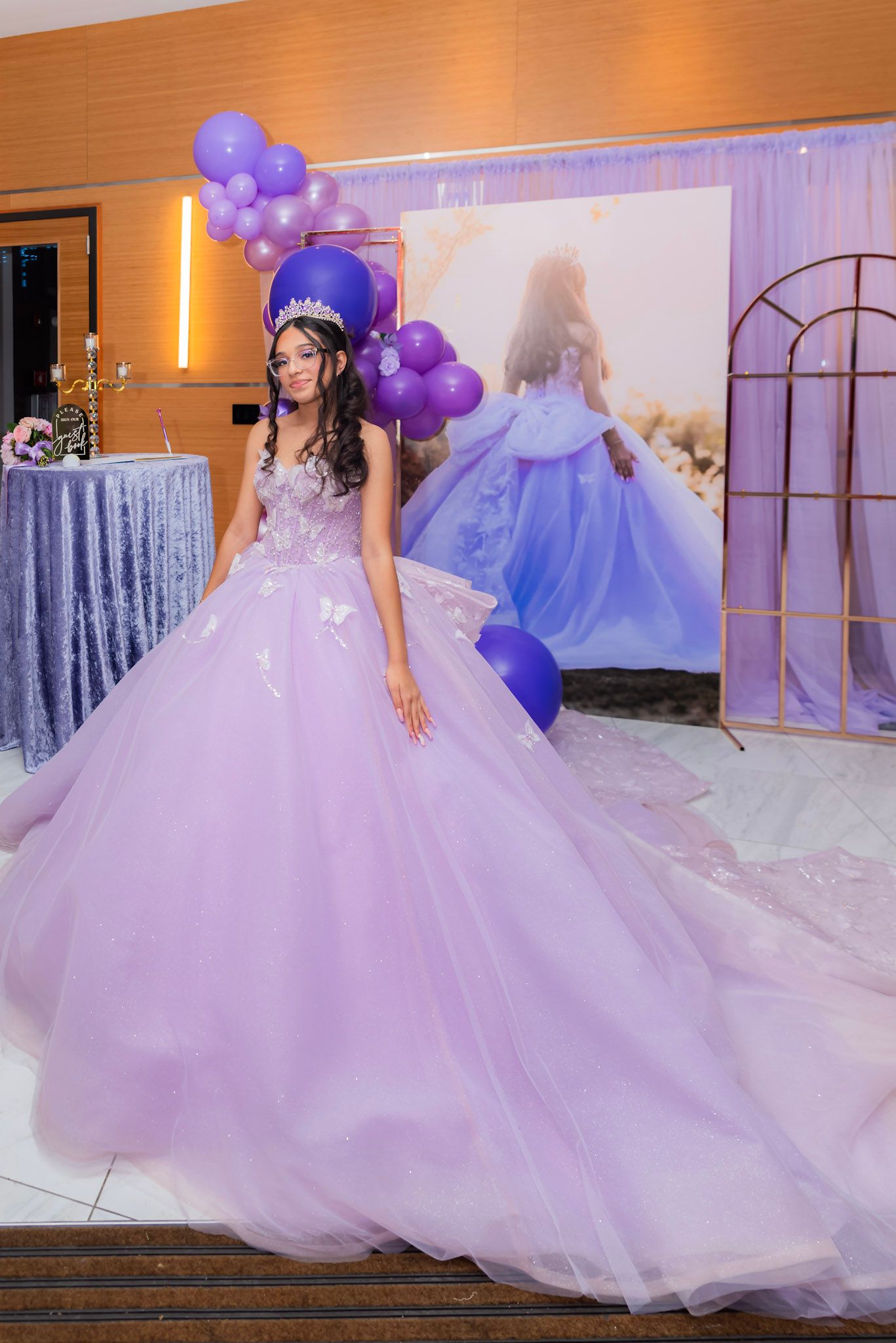Flowing lavender and purple ballgown with a dramatic tulle skirt photographed from multiple angles.