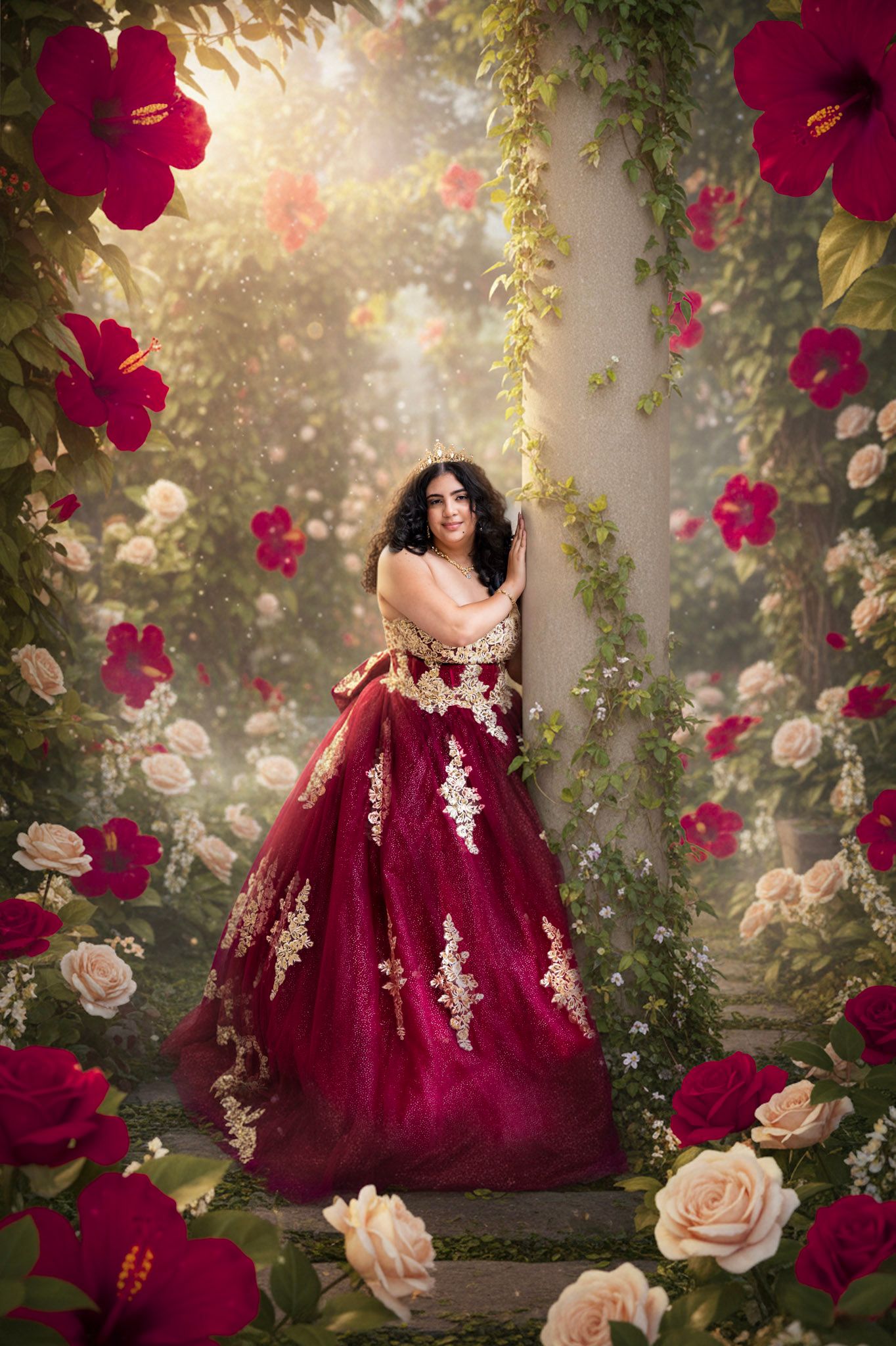 A burgundy ballgown with gold lace details photographed in a romantic garden setting with red and pink flowers.