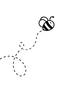 Black and white sketch of a bee with dotted flight path trail.