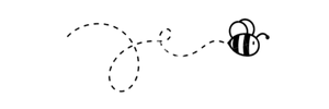 Simple line drawing of a bee with dotted trail path showing its flight movement.