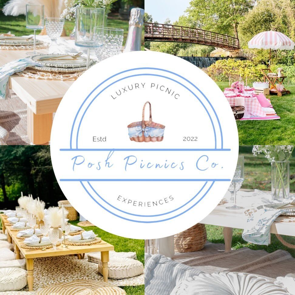 Posh Picnics RI Luxury picnic company logo featuring basket icon and elegant text in blue circular design.