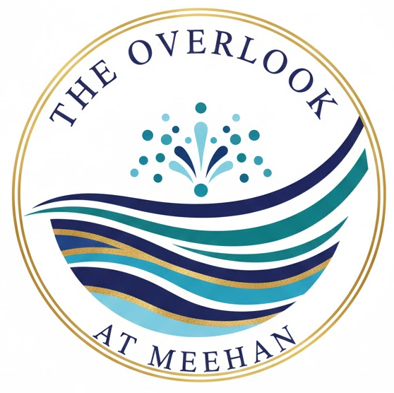 Circular logo for The Overlook at Meehan featuring stylized waves in blue and teal with gold border.