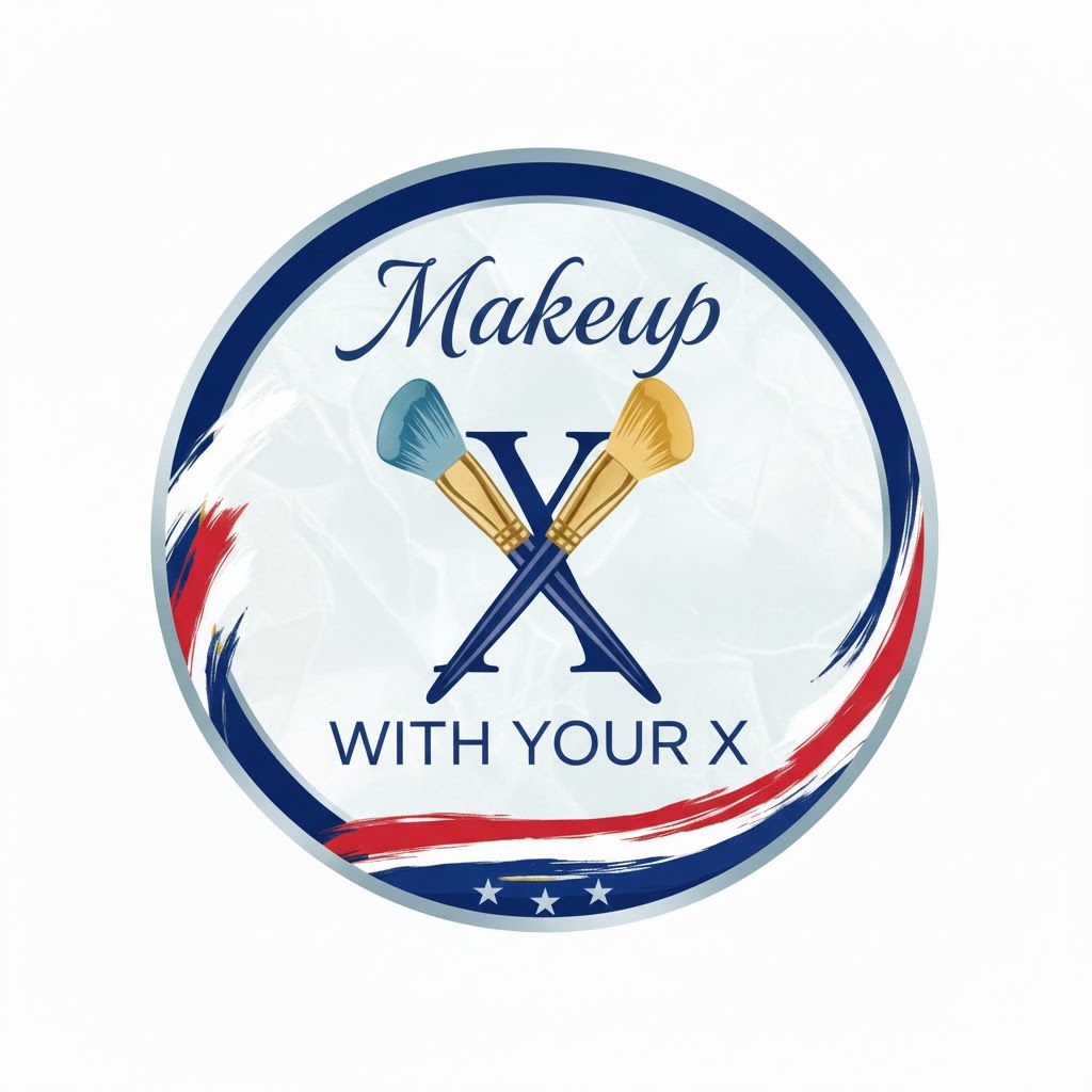 MakeupwithyourX Makeup artist logo with crossed brushes in navy and gold on white circular background.