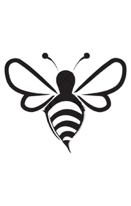 Minimalist black silhouette design of a honey bee with striped body and wings.