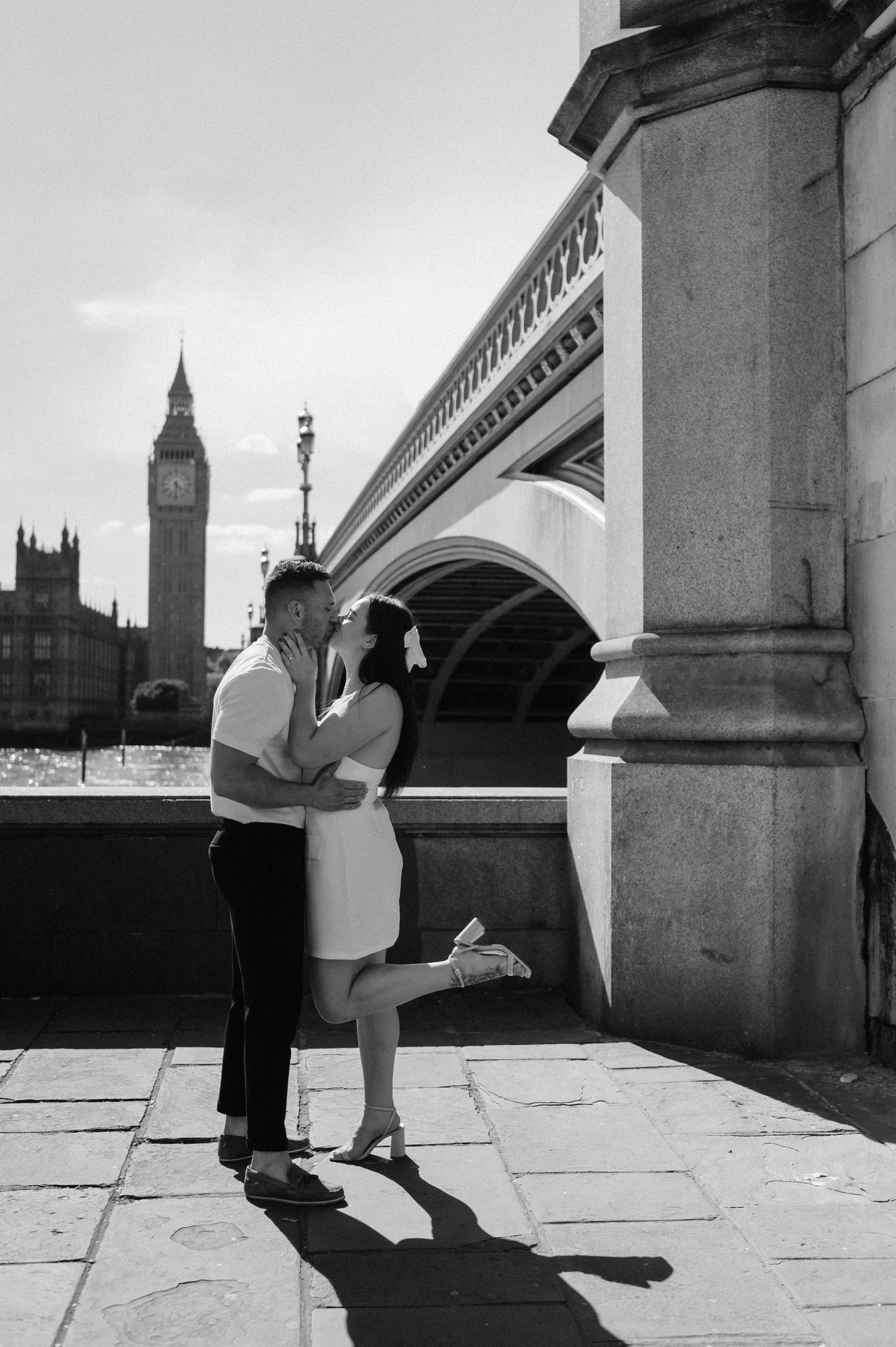 A romantic photoshoot near Big Ben and Westminster Bridge in London.