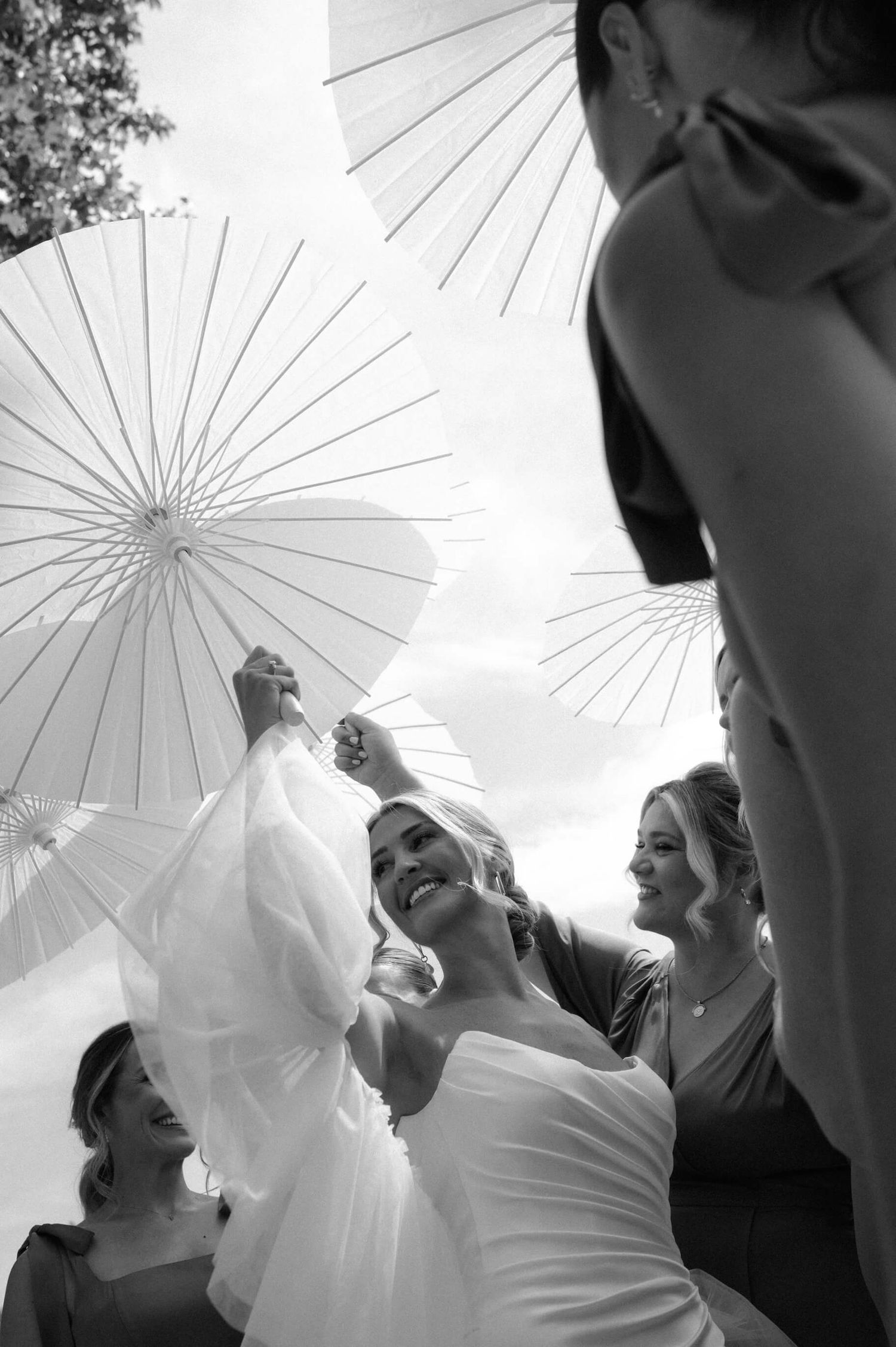 Wedding party gathered under white parasols creating an elegant black and white composition.