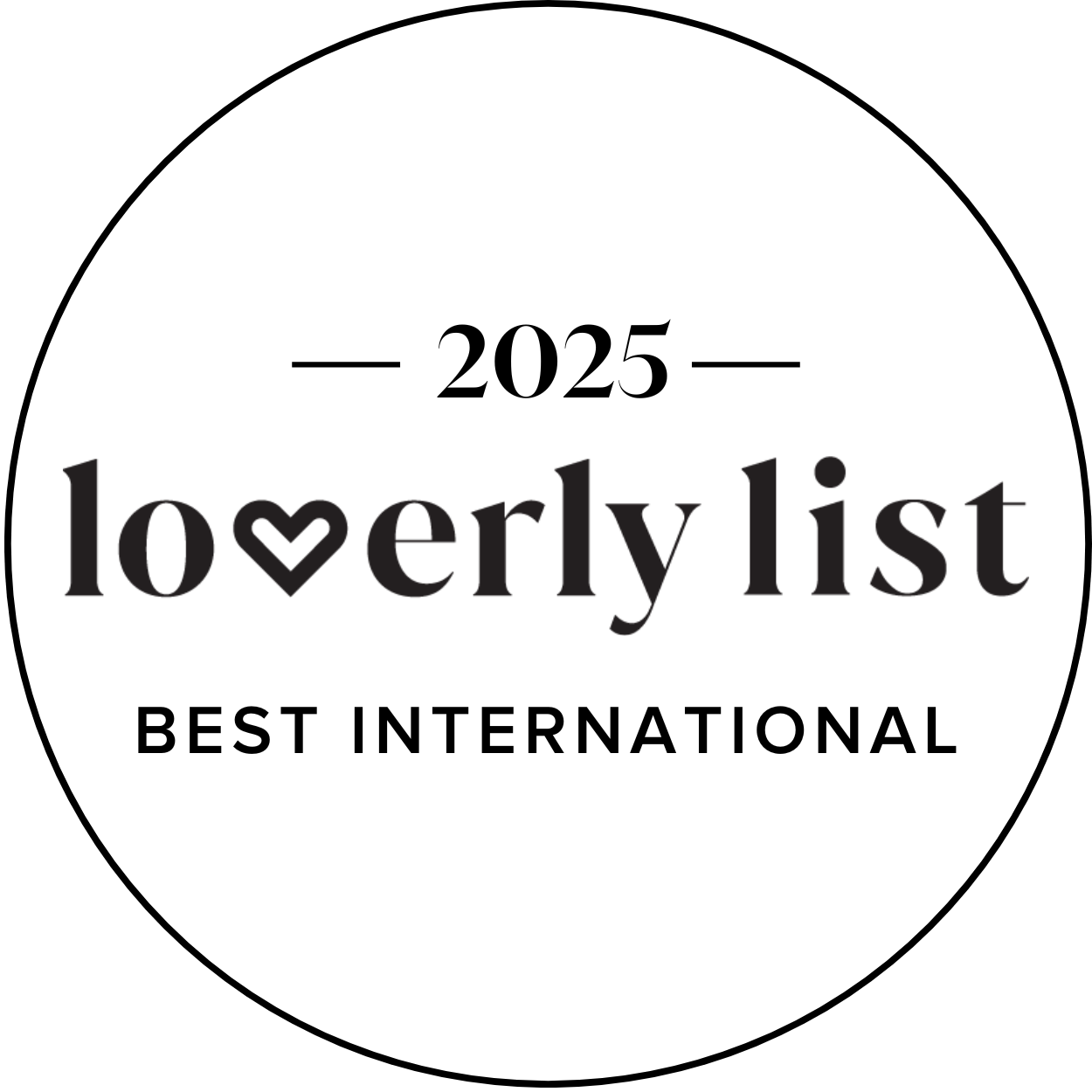 Minimalist black and white typography design showing '2025 Best International' text.