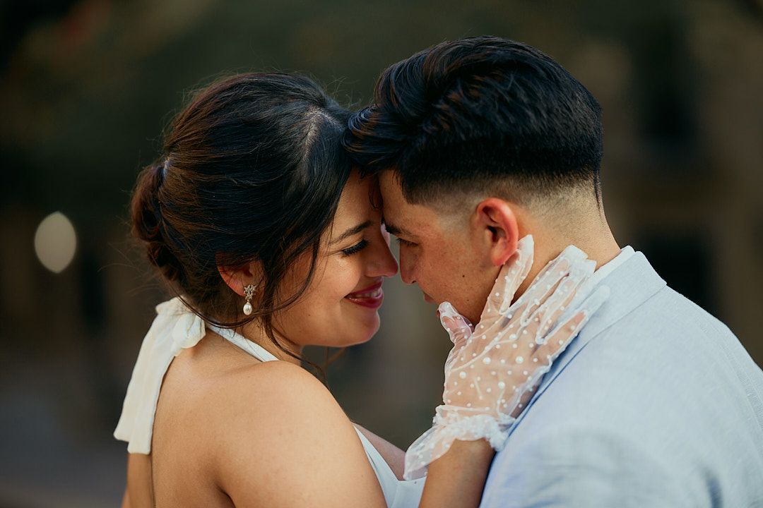 Romantic sequence of tender moments between a couple in formal attire.
