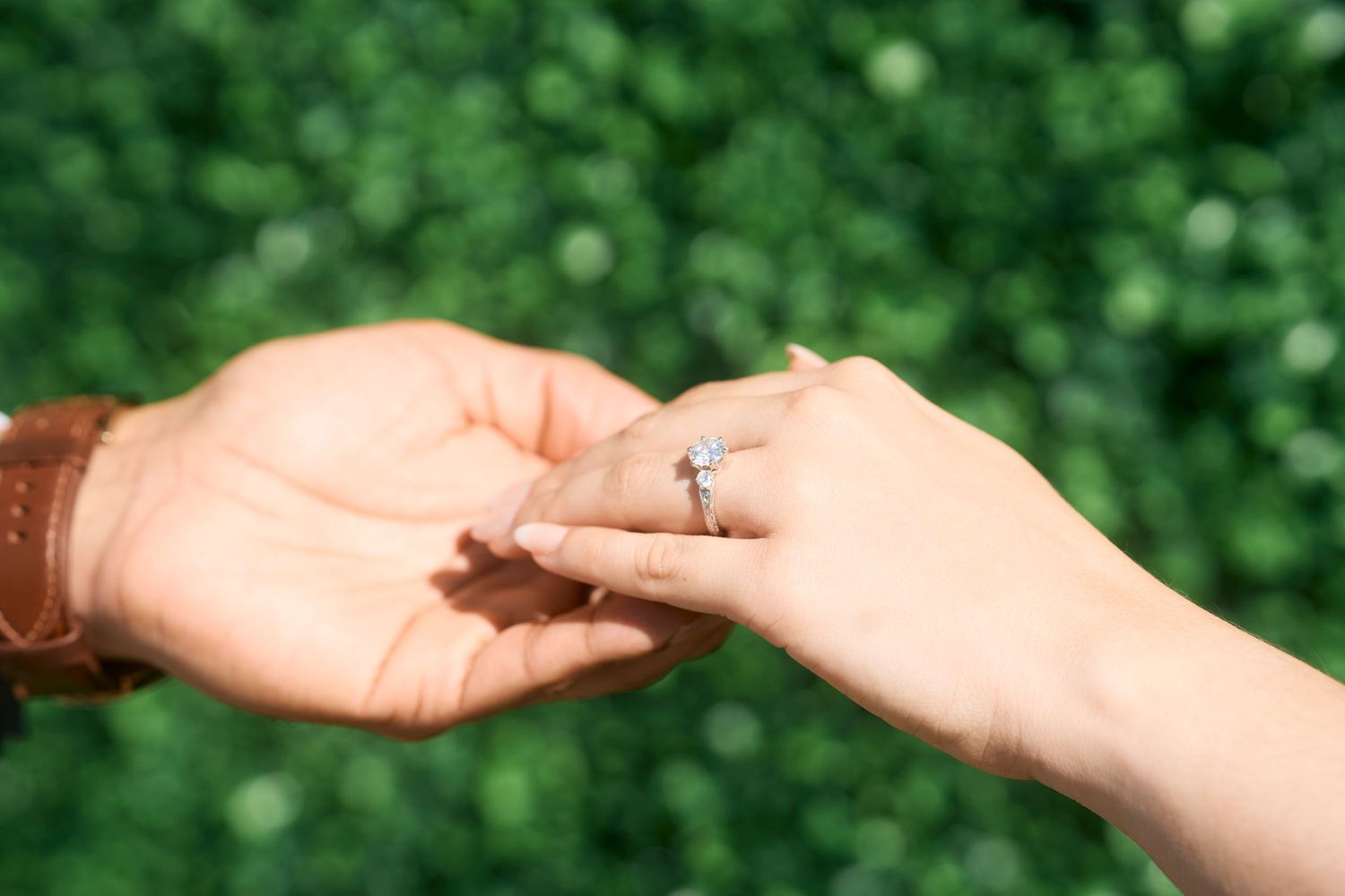 Hands holding and releasing a small green butterfly in a lush garden setting.