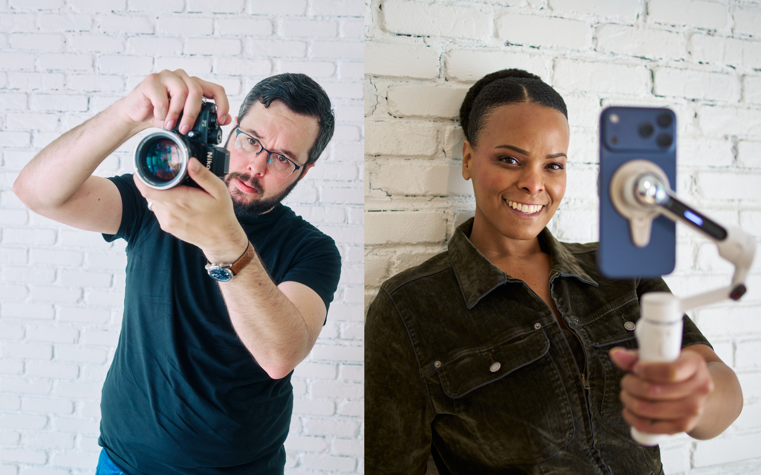 A series of selfie poses showing a photographer taking pictures with different cameras and angles against a white brick wall.