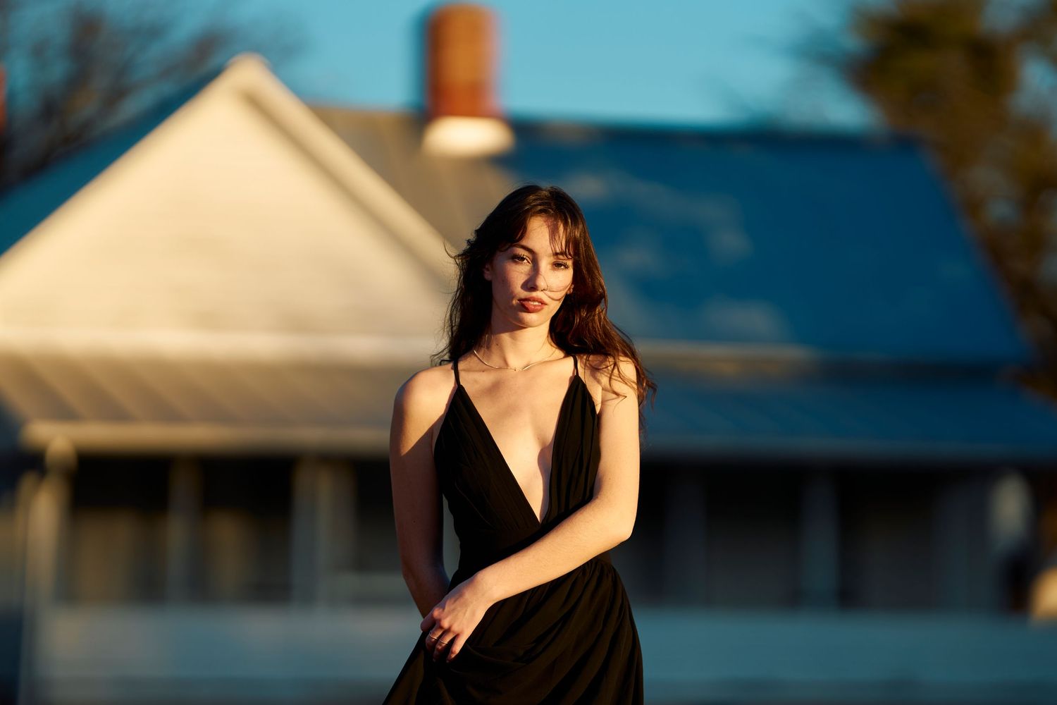 Artistic outdoor portrait sequence with dramatic lighting and blue sky background.