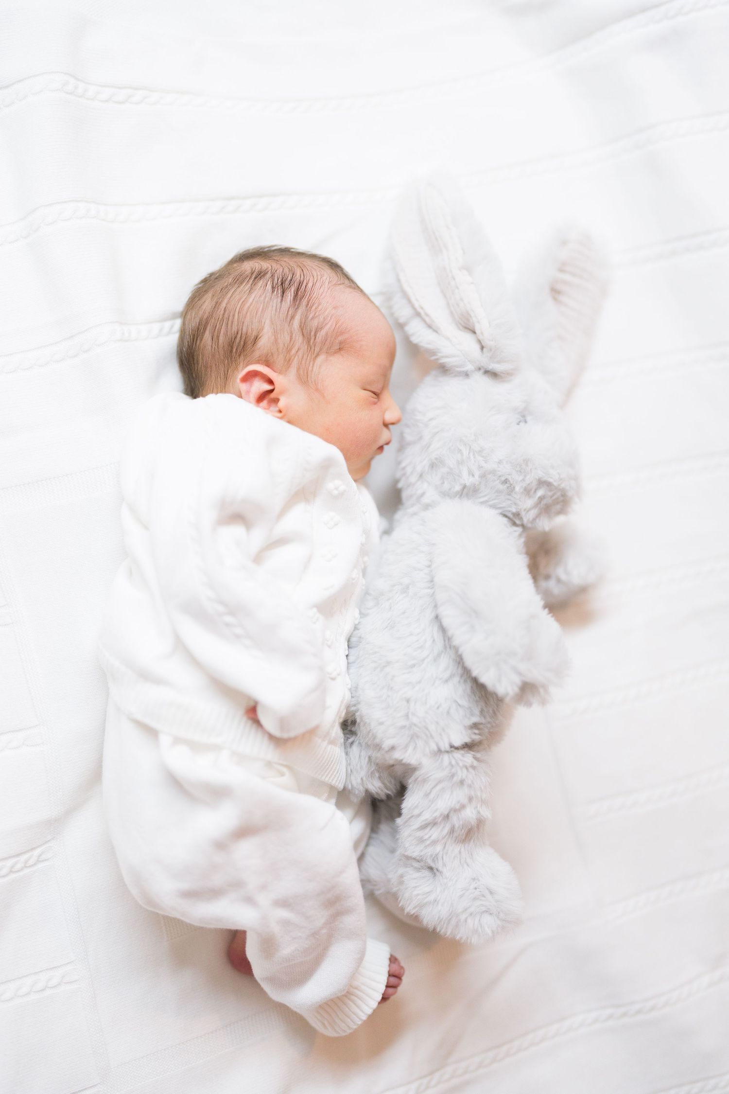Newborn baby dressed in white snuggles with soft gray stuffed animal on white blanket.