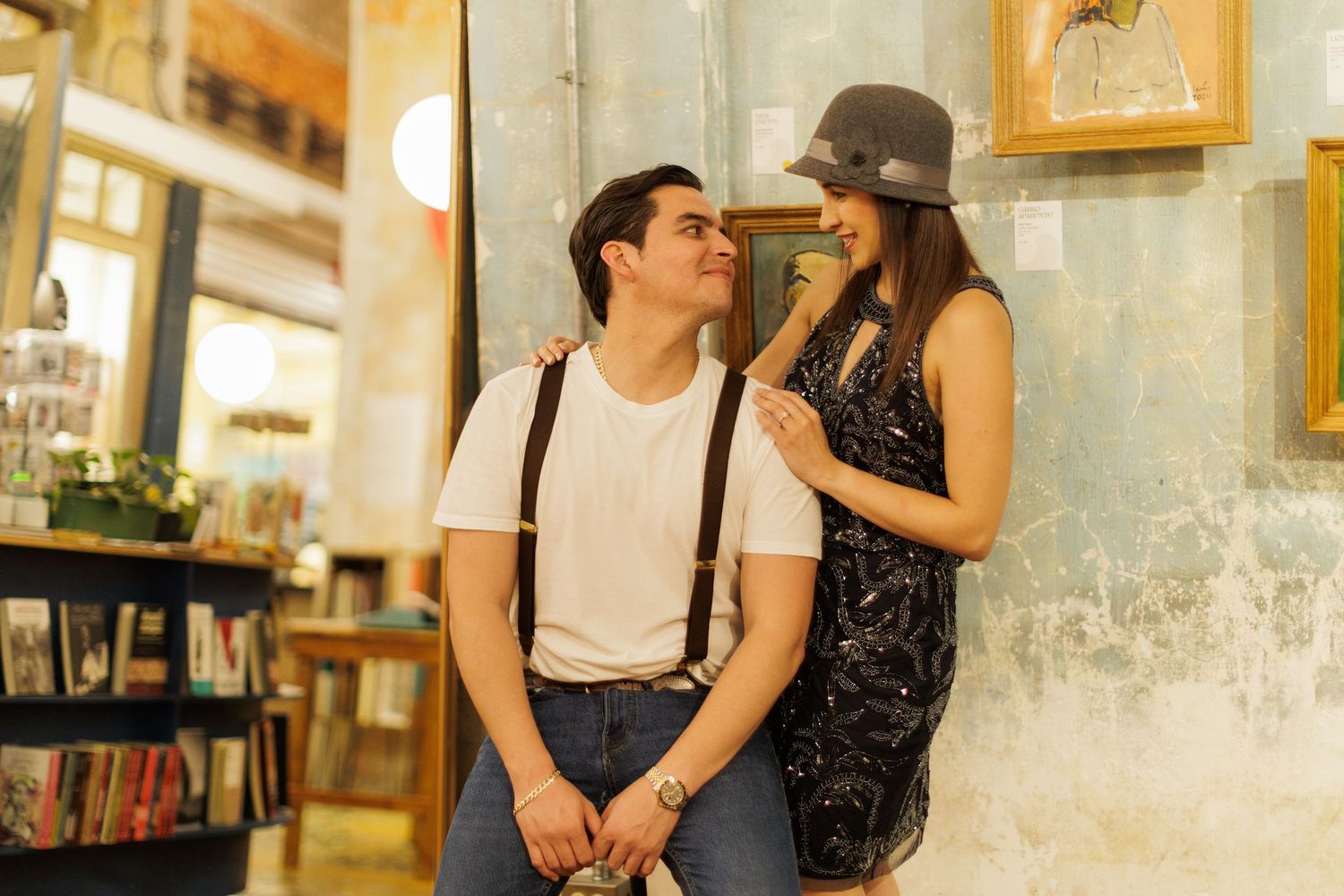 Vintage-style photo sequence showing couple in casual attire posing in rustic setting.