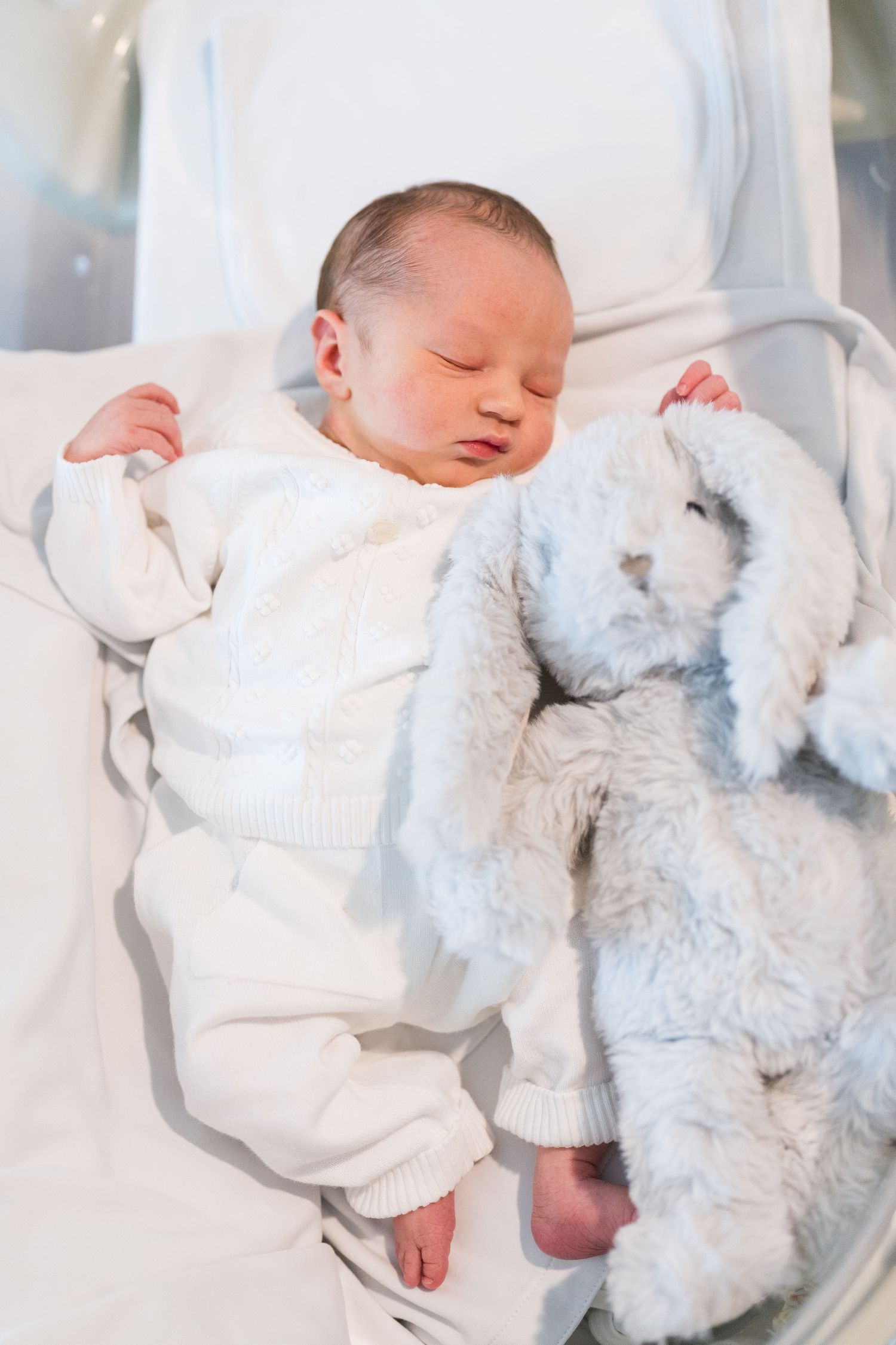 Sleeping newborn in white outfit cuddling with plush gray bunny toy.